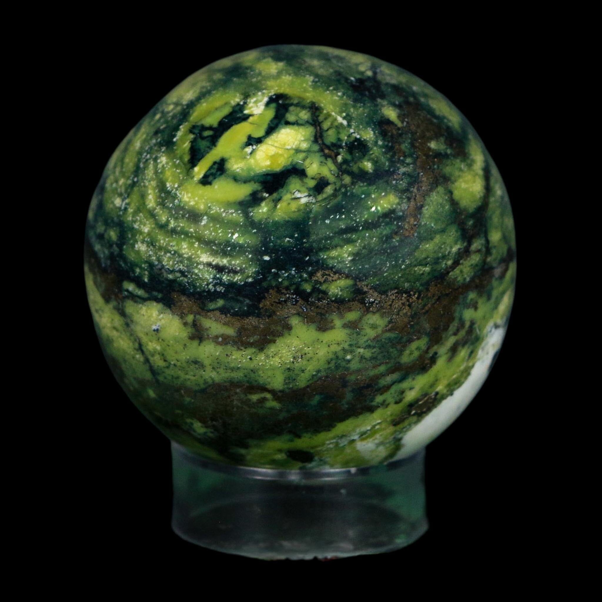XL 53MM Natural Green & Yellow Serpentine Pyrite Sphere Ball Orb Peru Stand - Fossil Age Minerals