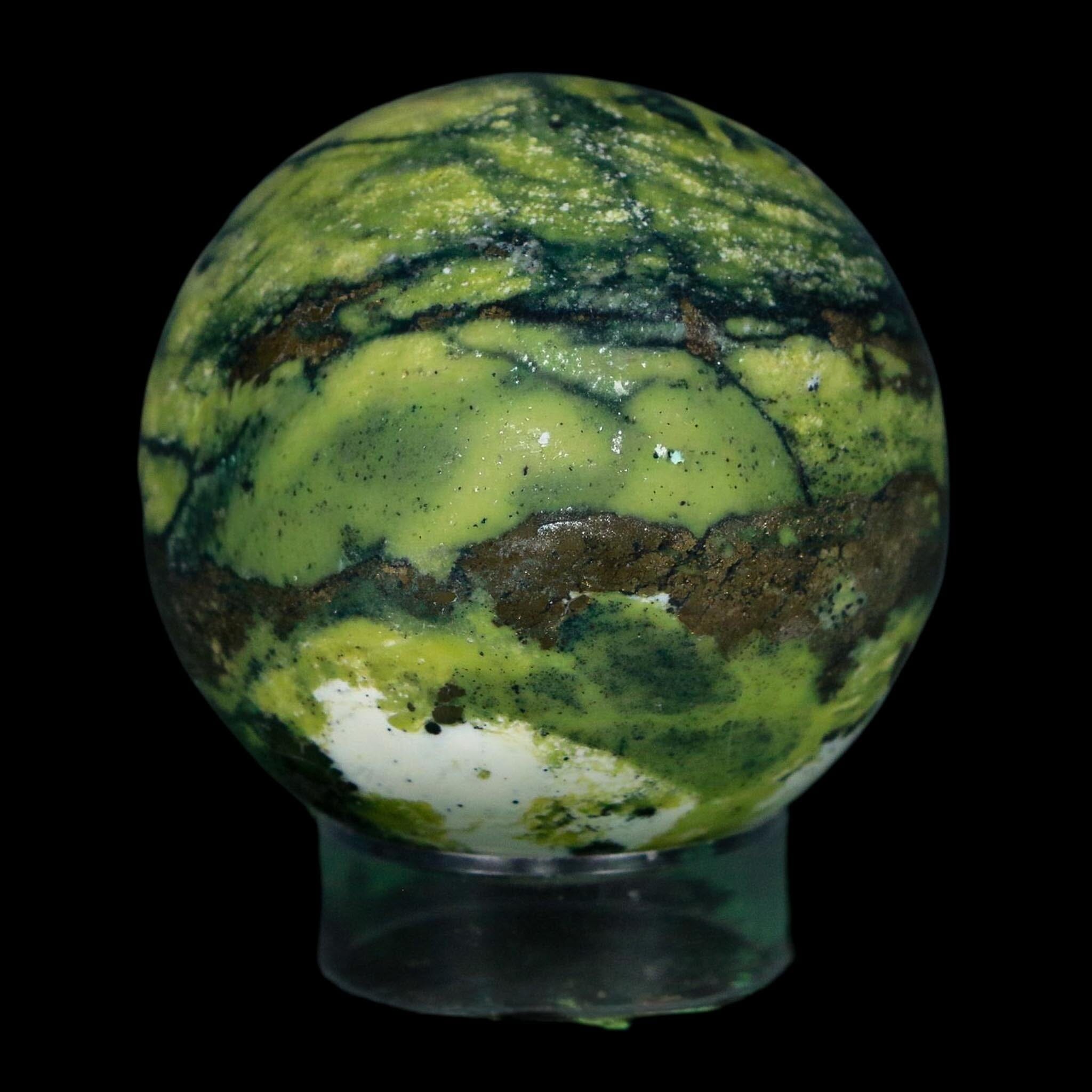 XL 53MM Natural Green & Yellow Serpentine Pyrite Sphere Ball Orb Peru Stand - Fossil Age Minerals