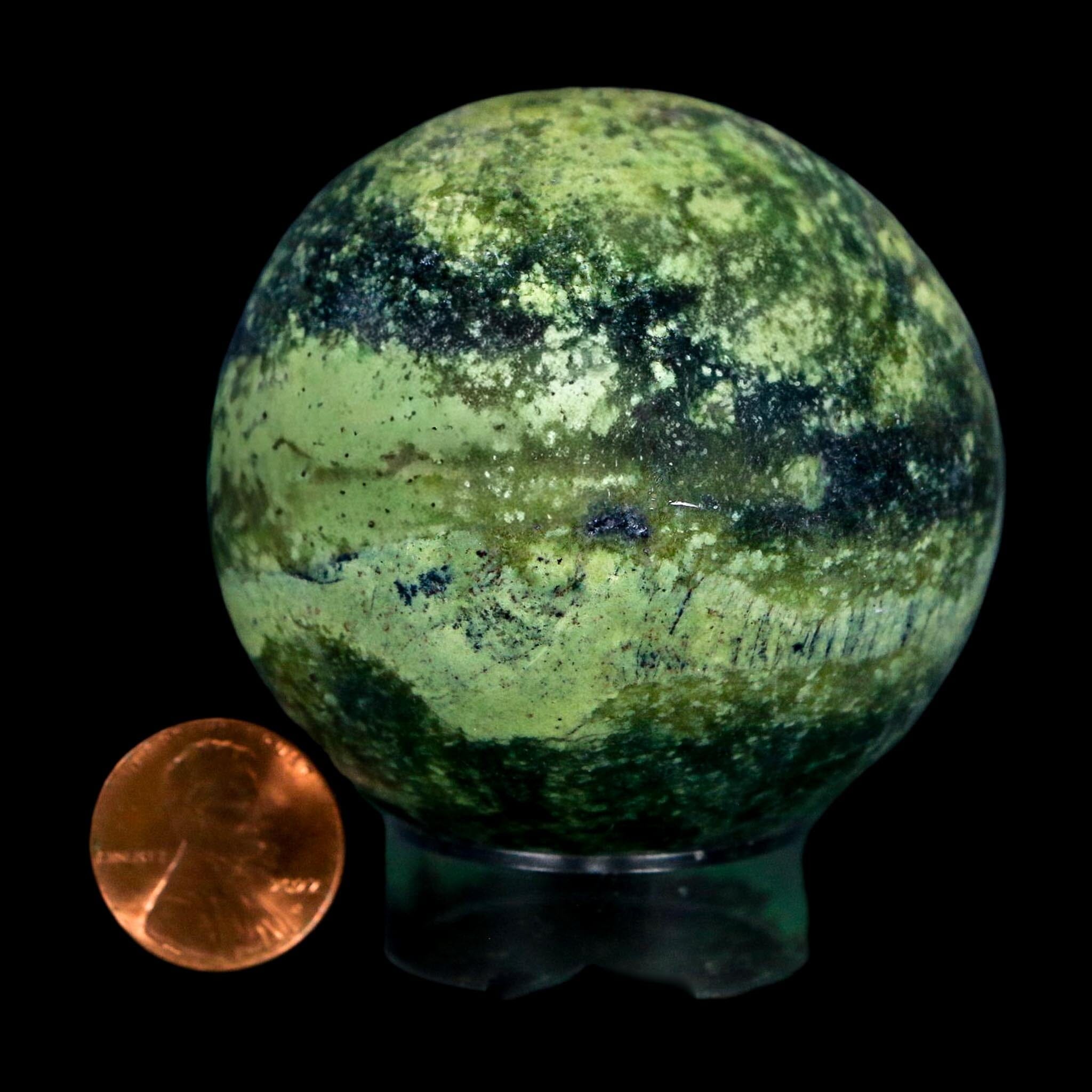 XL 57MM Natural Green & Yellow Serpentine Pyrite Sphere Ball Orb Peru Stand - Fossil Age Minerals