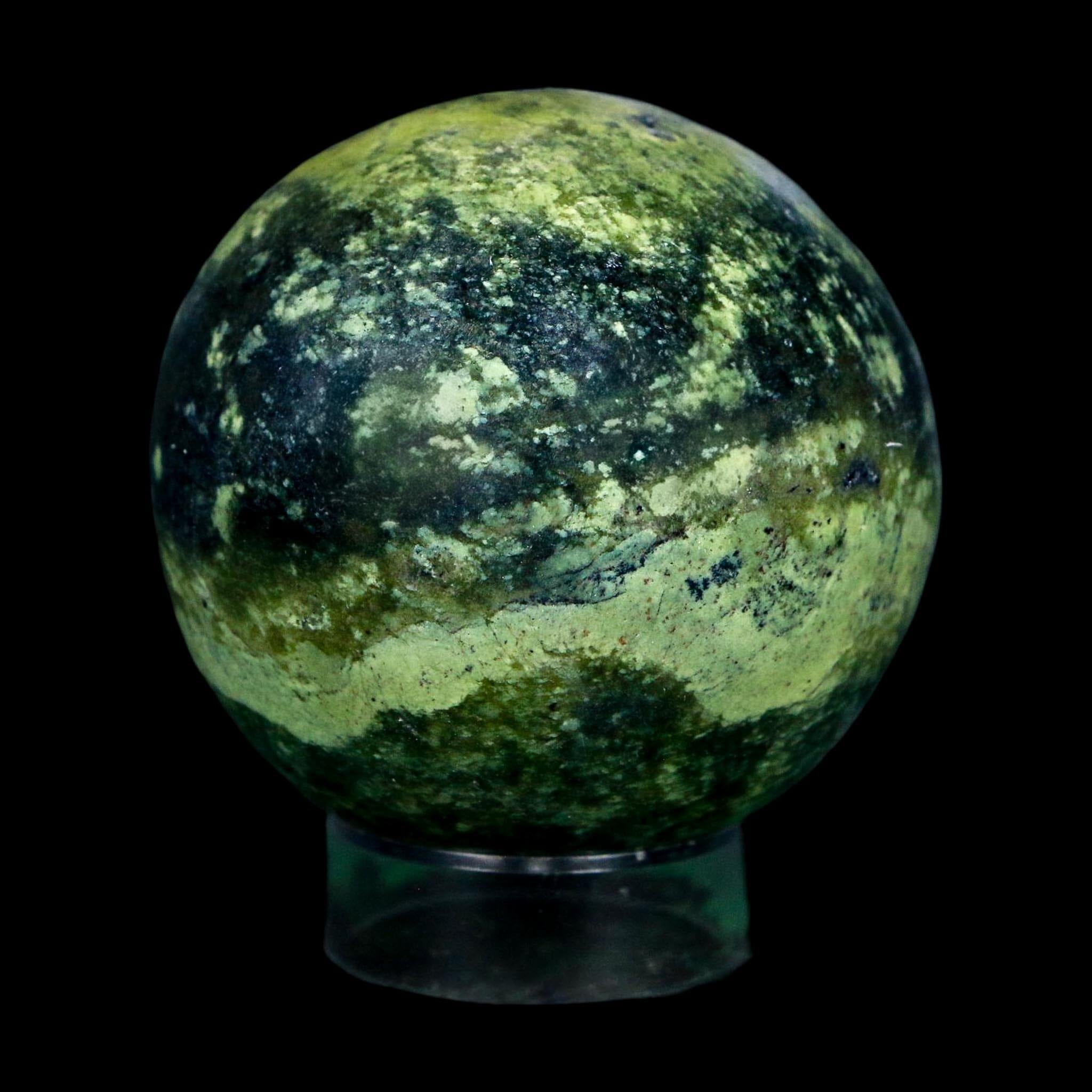 XL 57MM Natural Green & Yellow Serpentine Pyrite Sphere Ball Orb Peru Stand - Fossil Age Minerals