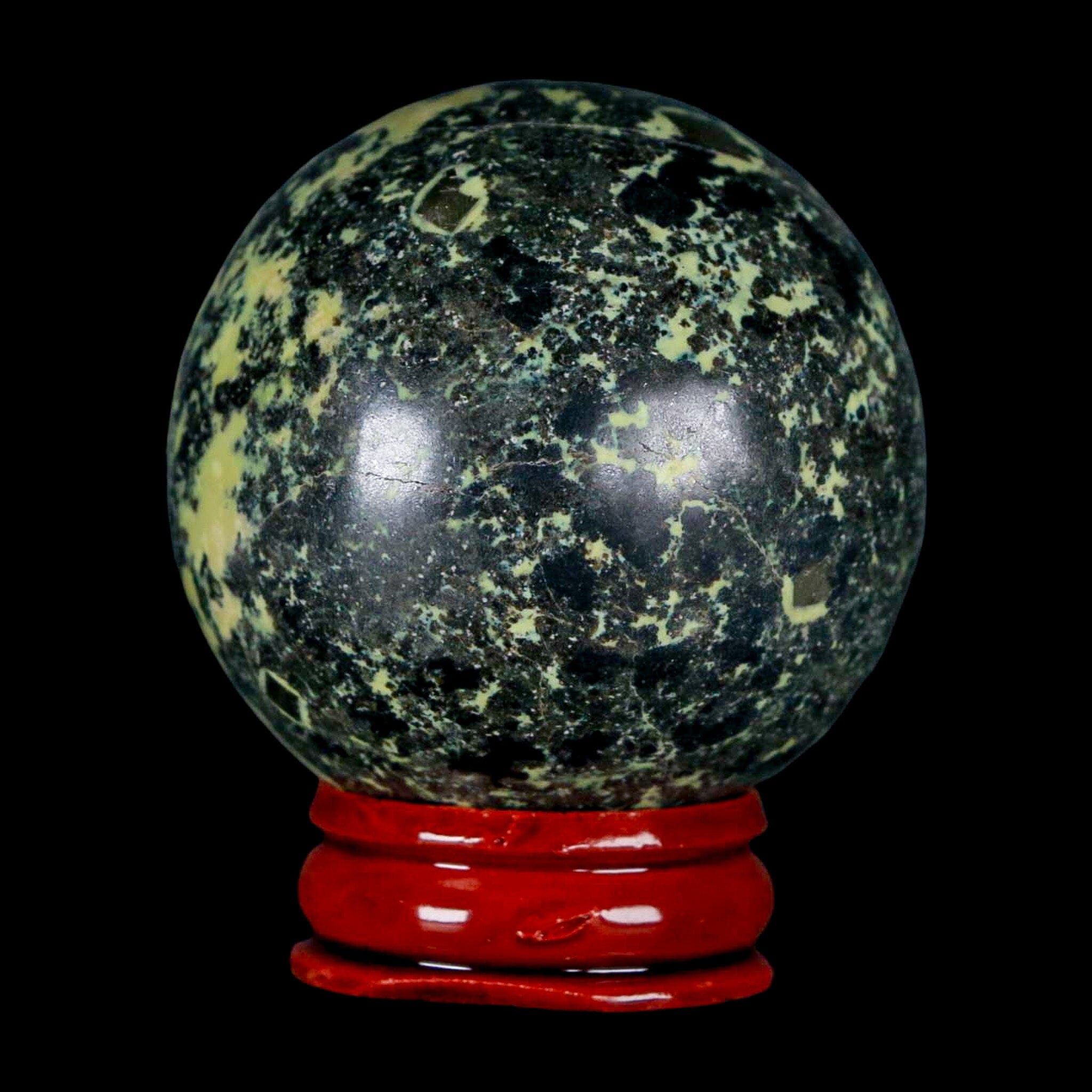 47MM Natural Green & Yellow Serpentine Pyrite Sphere Ball Orb Peru Stand - Fossil Age Minerals