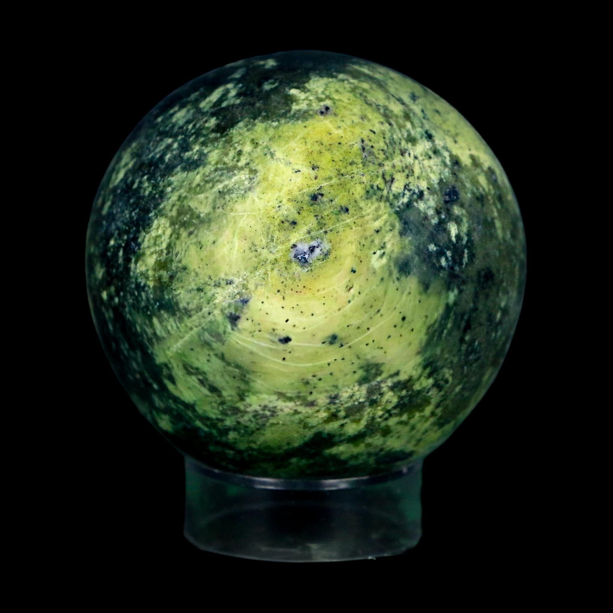 XL 57MM Natural Green & Yellow Serpentine Pyrite Sphere Ball Orb Peru Stand - Fossil Age Minerals