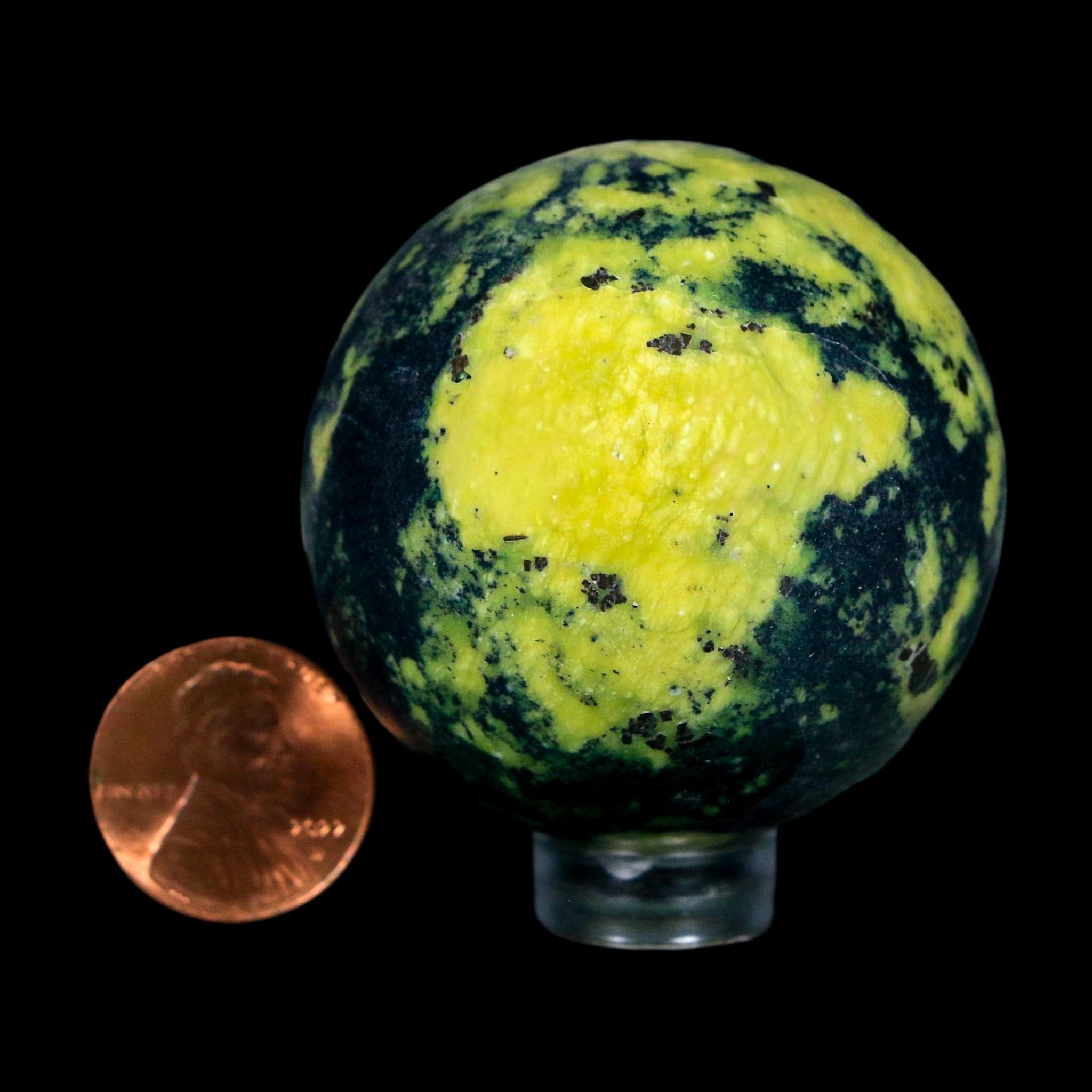 45MM Natural Green & Yellow Serpentine Pyrite Sphere Ball Orb Peru Stand - Fossil Age Minerals