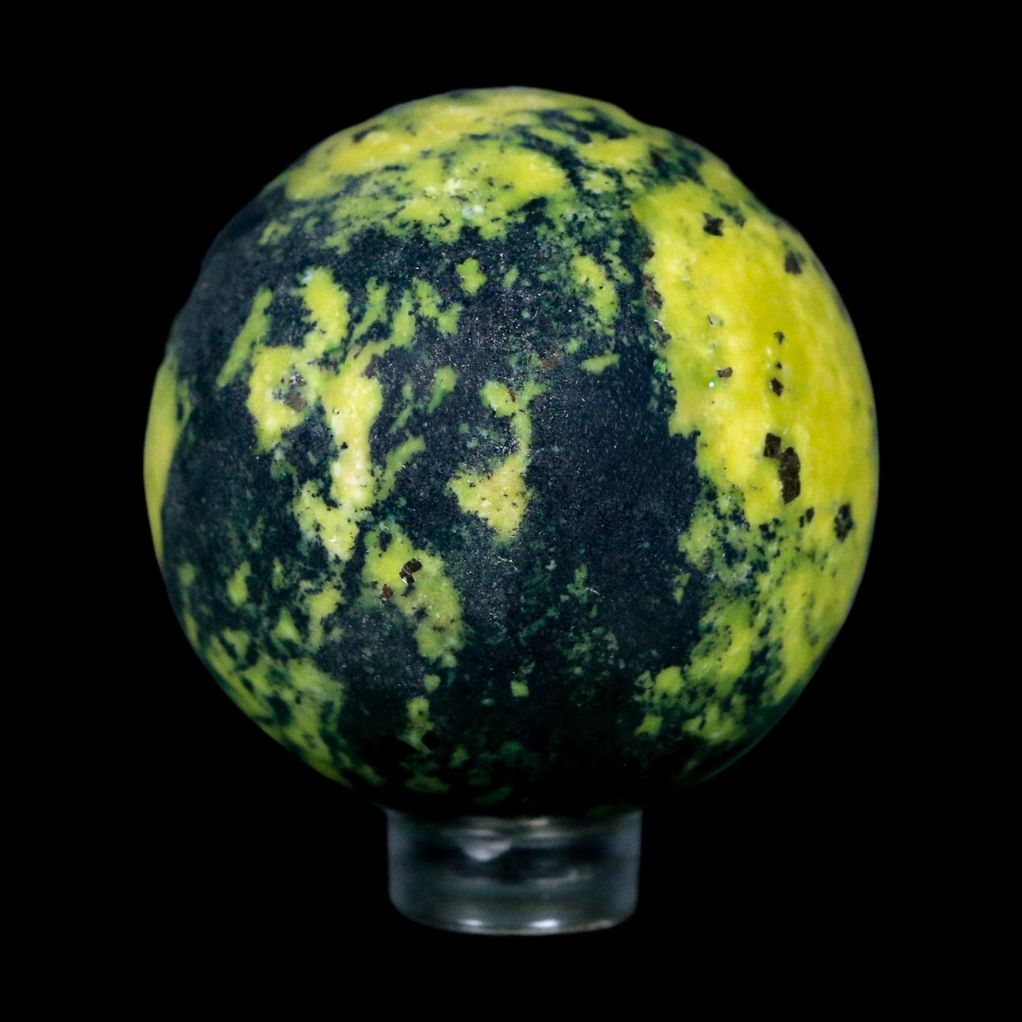 45MM Natural Green & Yellow Serpentine Pyrite Sphere Ball Orb Peru Stand - Fossil Age Minerals