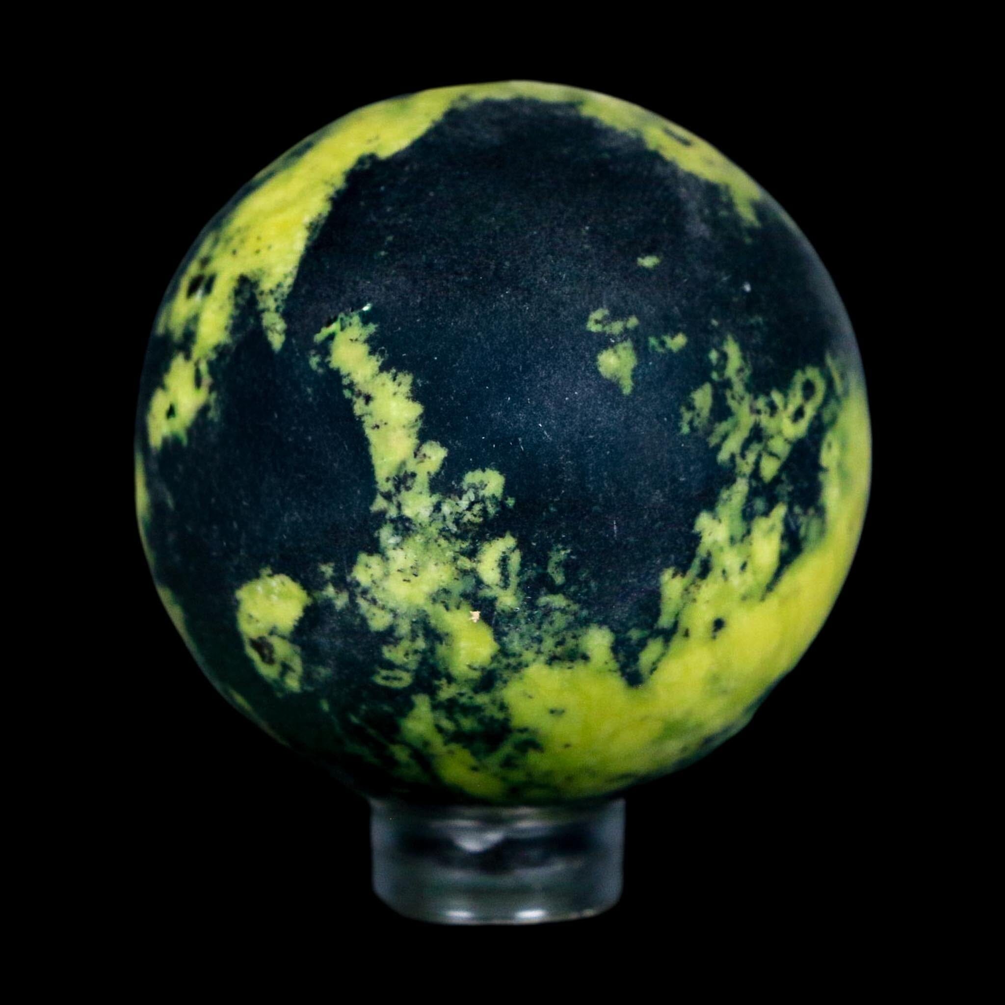45MM Natural Green & Yellow Serpentine Pyrite Sphere Ball Orb Peru Stand - Fossil Age Minerals