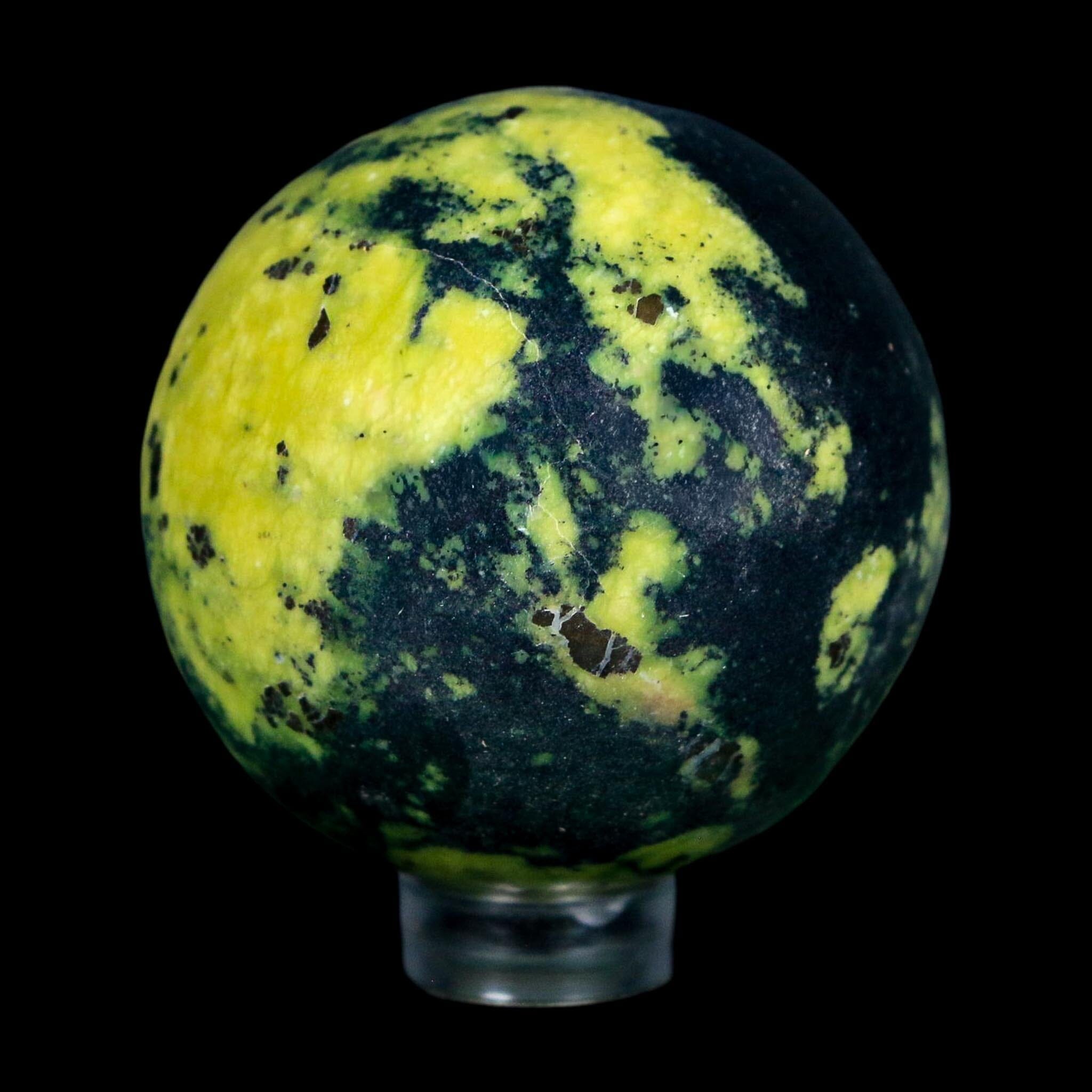 45MM Natural Green & Yellow Serpentine Pyrite Sphere Ball Orb Peru Stand - Fossil Age Minerals