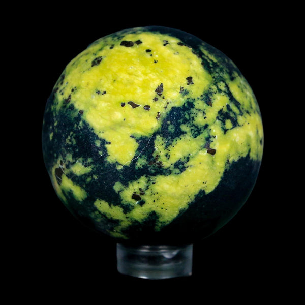 45MM Natural Green & Yellow Serpentine Pyrite Sphere Ball Orb Peru Stand