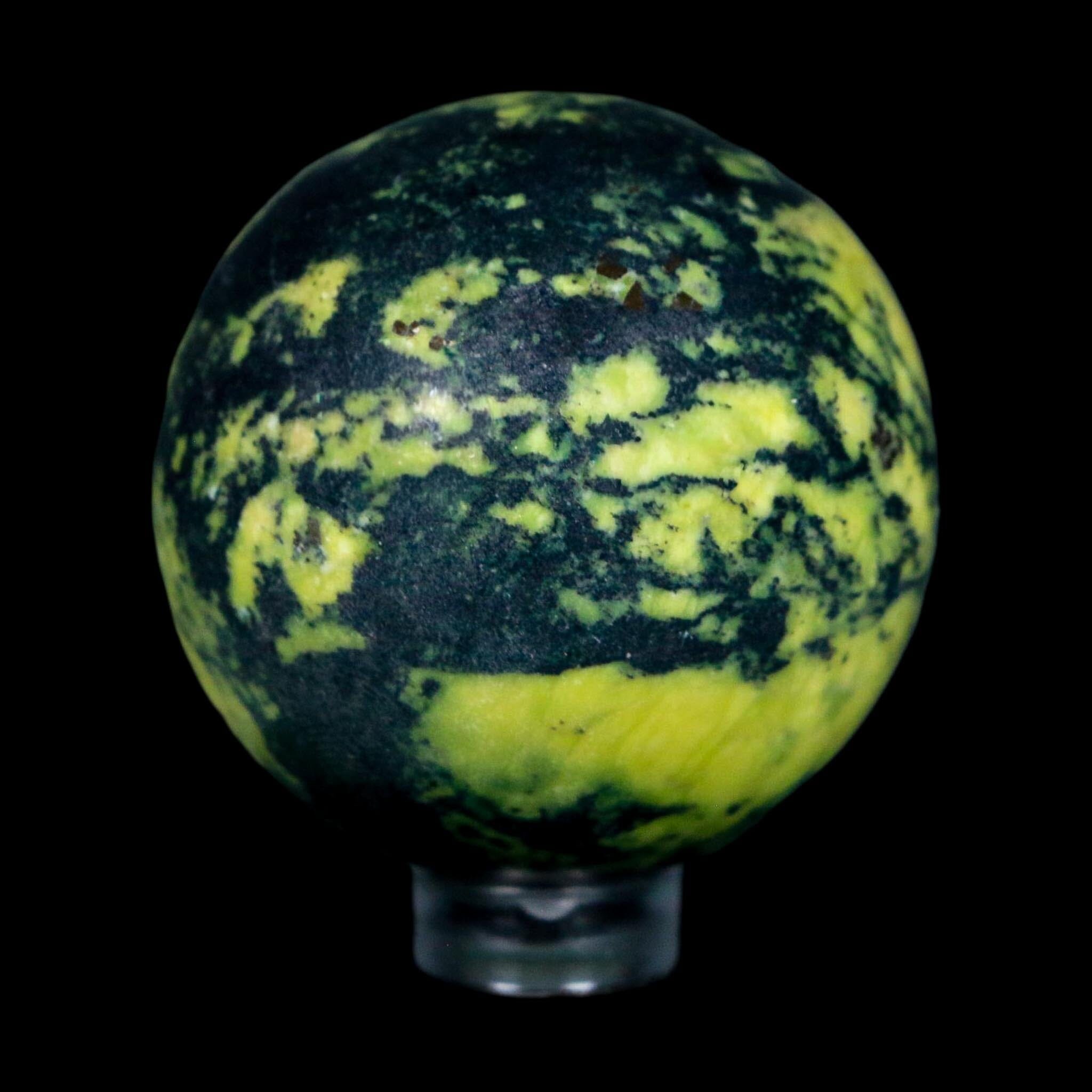 45MM Natural Green & Yellow Serpentine Pyrite Sphere Ball Orb Peru Stand - Fossil Age Minerals
