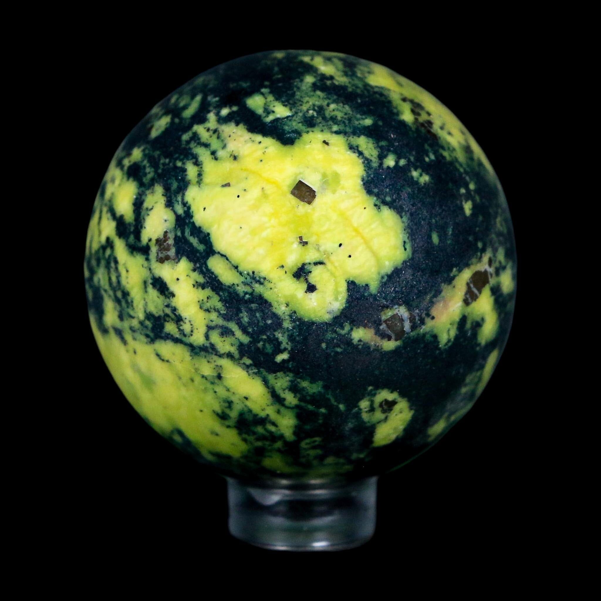 45MM Natural Green & Yellow Serpentine Pyrite Sphere Ball Orb Peru Stand - Fossil Age Minerals
