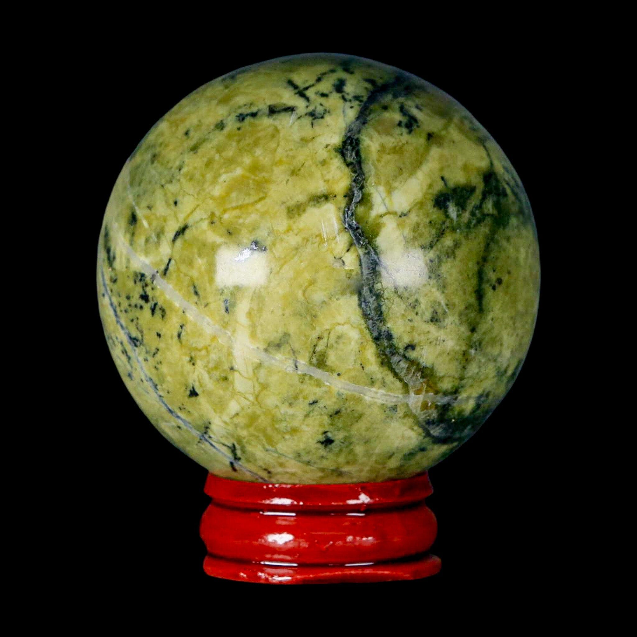 XL 54MM Natural Green & Yellow Serpentine Pyrite Sphere Ball Orb Peru Stand - Fossil Age Minerals