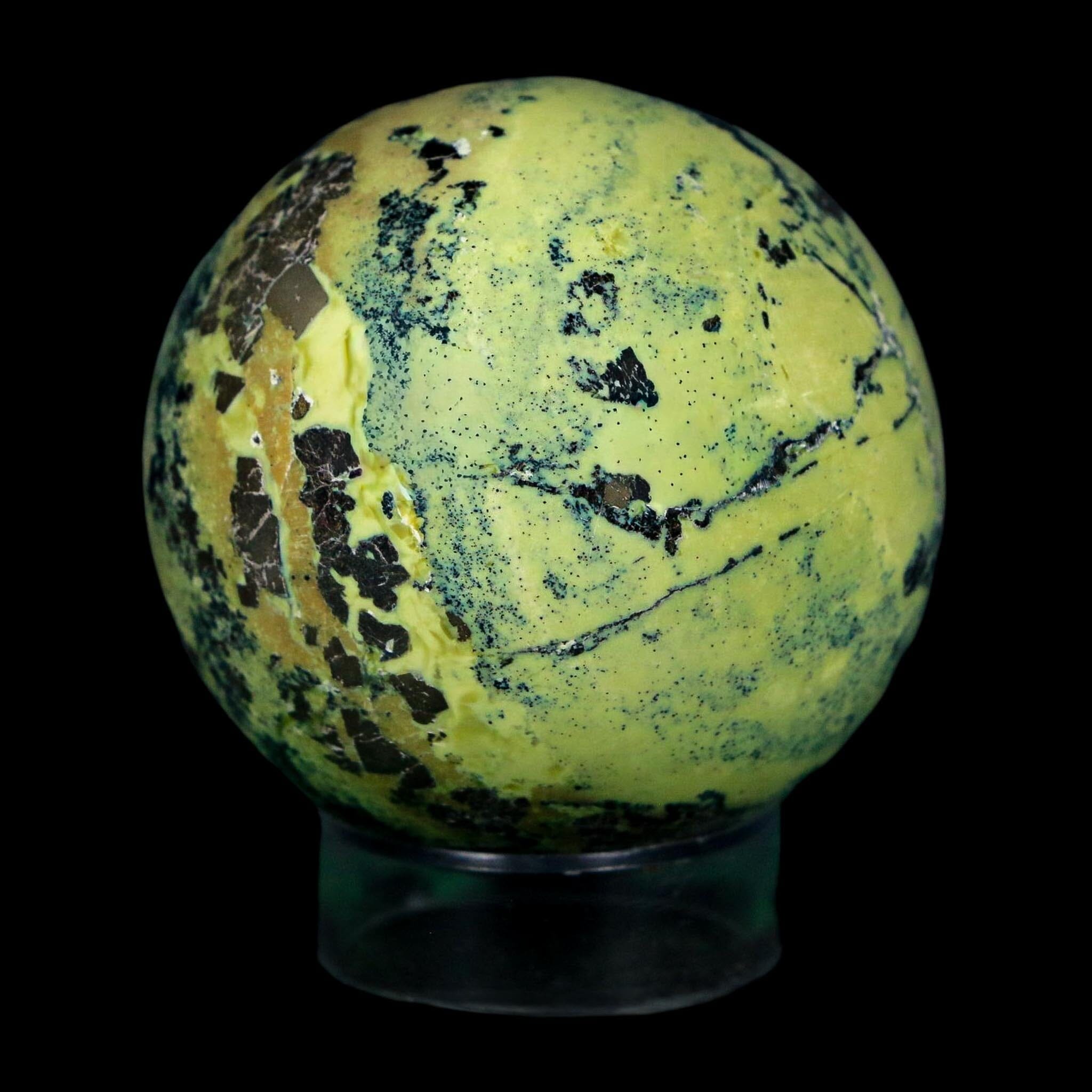 XL 53MM Natural Green & Yellow Serpentine Pyrite Sphere Ball Orb Peru Stand - Fossil Age Minerals