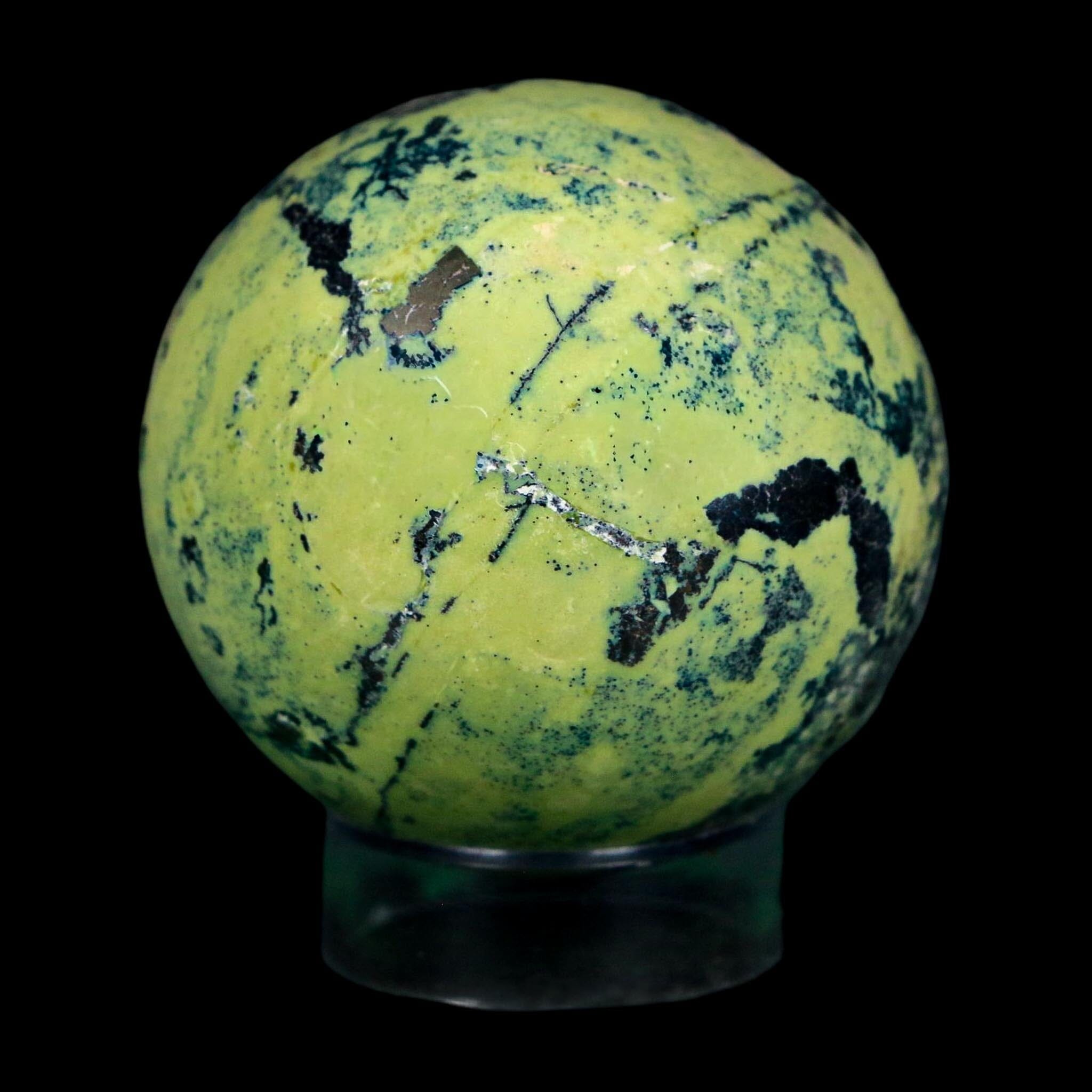 XL 53MM Natural Green & Yellow Serpentine Pyrite Sphere Ball Orb Peru Stand - Fossil Age Minerals