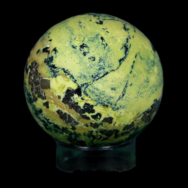 XL 53MM Natural Green & Yellow Serpentine Pyrite Sphere Ball Orb Peru Stand