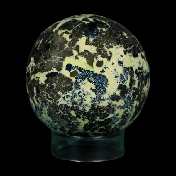 XL 53MM Natural Green & Yellow Serpentine Pyrite Sphere Ball Orb Peru Stand
