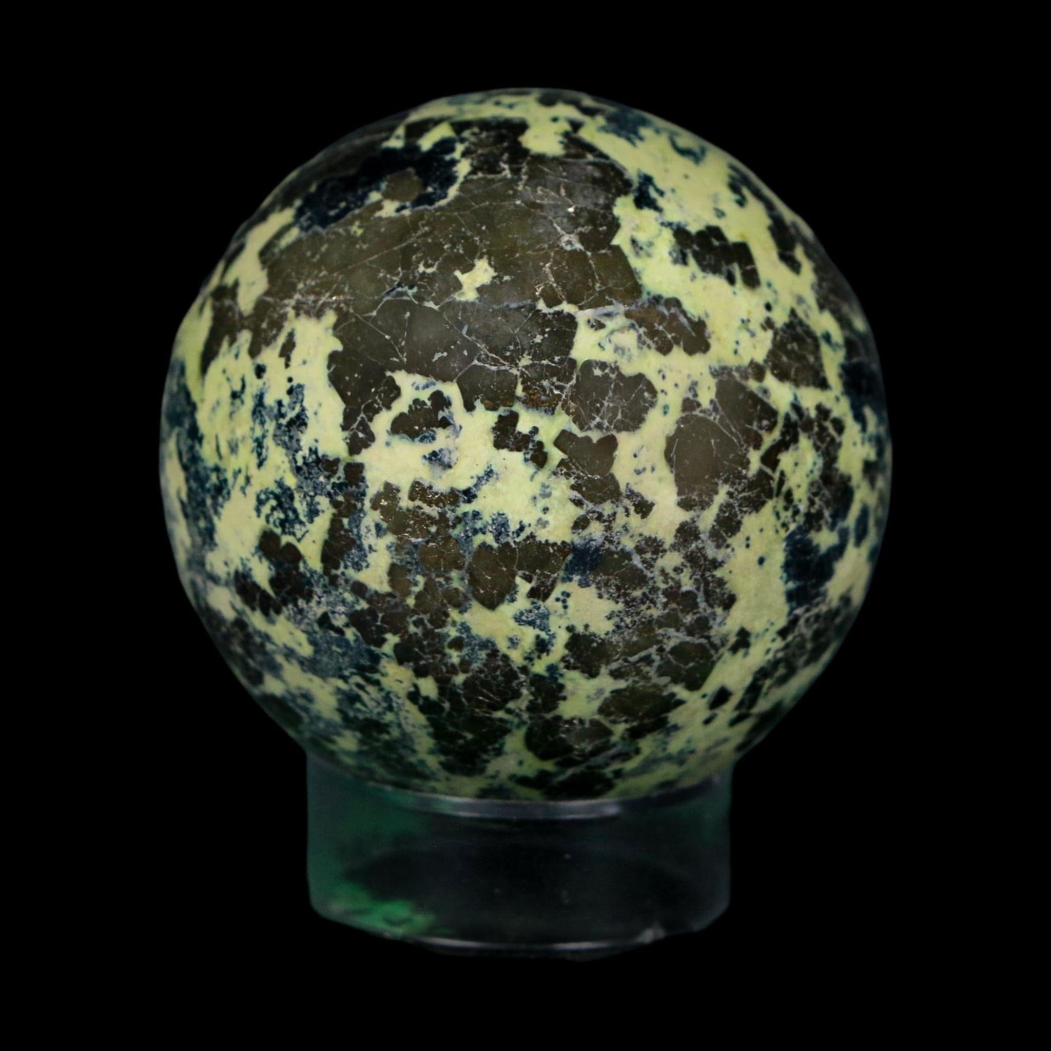 XL 53MM Natural Green & Yellow Serpentine Pyrite Sphere Ball Orb Peru Stand - Fossil Age Minerals
