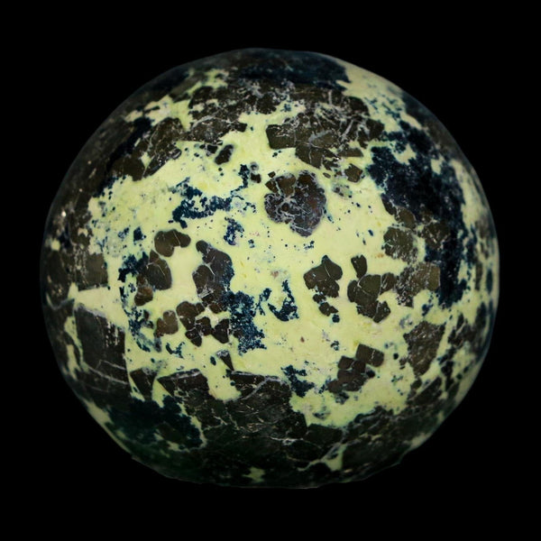 XL 53MM Natural Green & Yellow Serpentine Pyrite Sphere Ball Orb Peru Stand