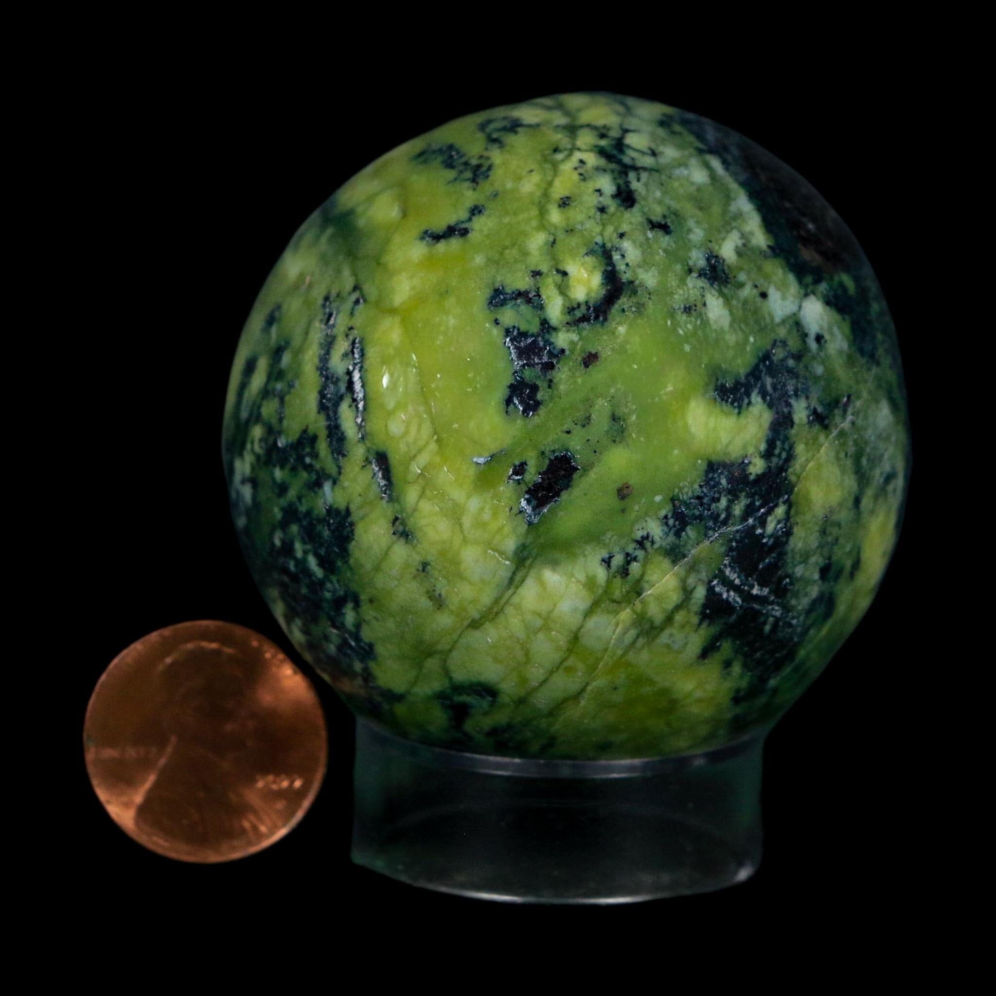XL 52MM Natural Green & Yellow Serpentine Pyrite Sphere Ball Orb Peru Stand - Fossil Age Minerals