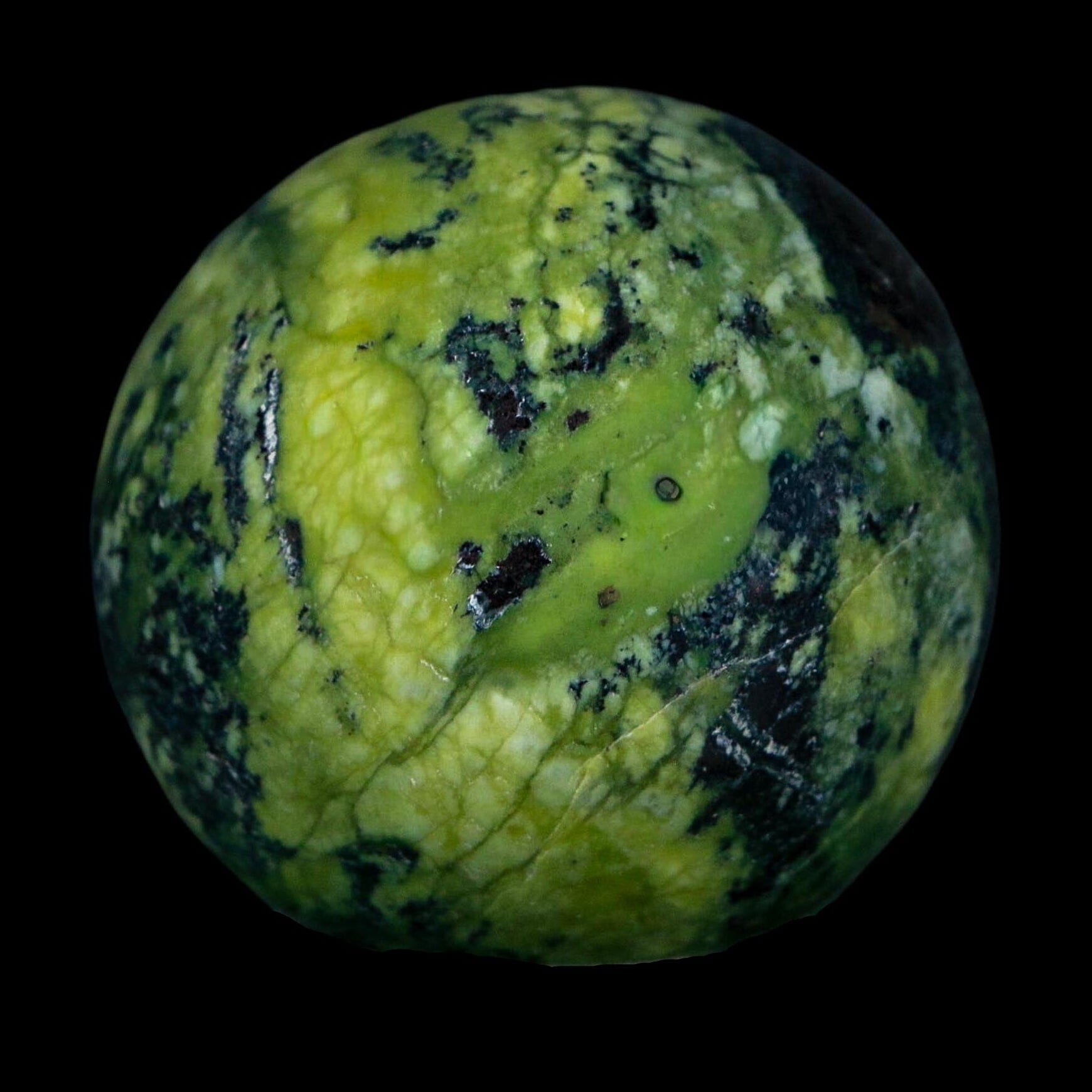 XL 52MM Natural Green & Yellow Serpentine Pyrite Sphere Ball Orb Peru Stand - Fossil Age Minerals