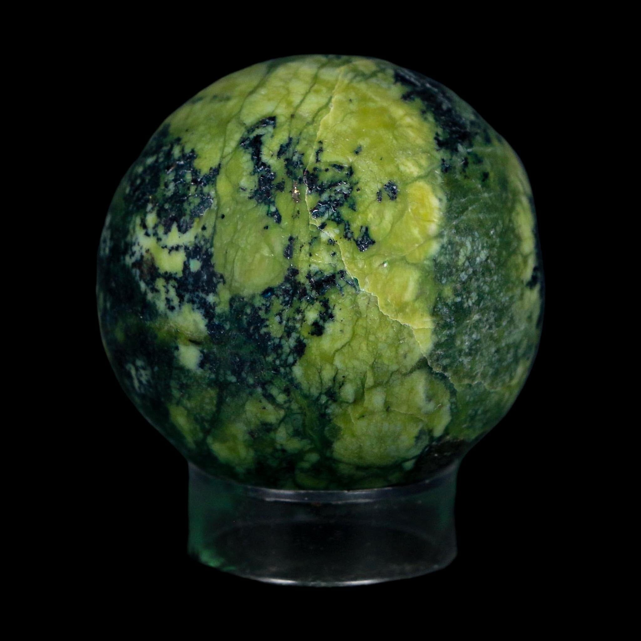 XL 52MM Natural Green & Yellow Serpentine Pyrite Sphere Ball Orb Peru Stand - Fossil Age Minerals