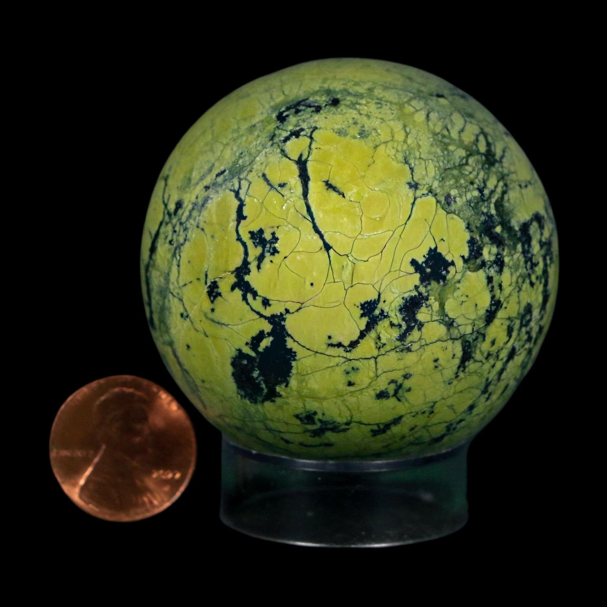 XL 52MM Natural Green & Yellow Serpentine Pyrite Sphere Ball Orb Peru Stand - Fossil Age Minerals