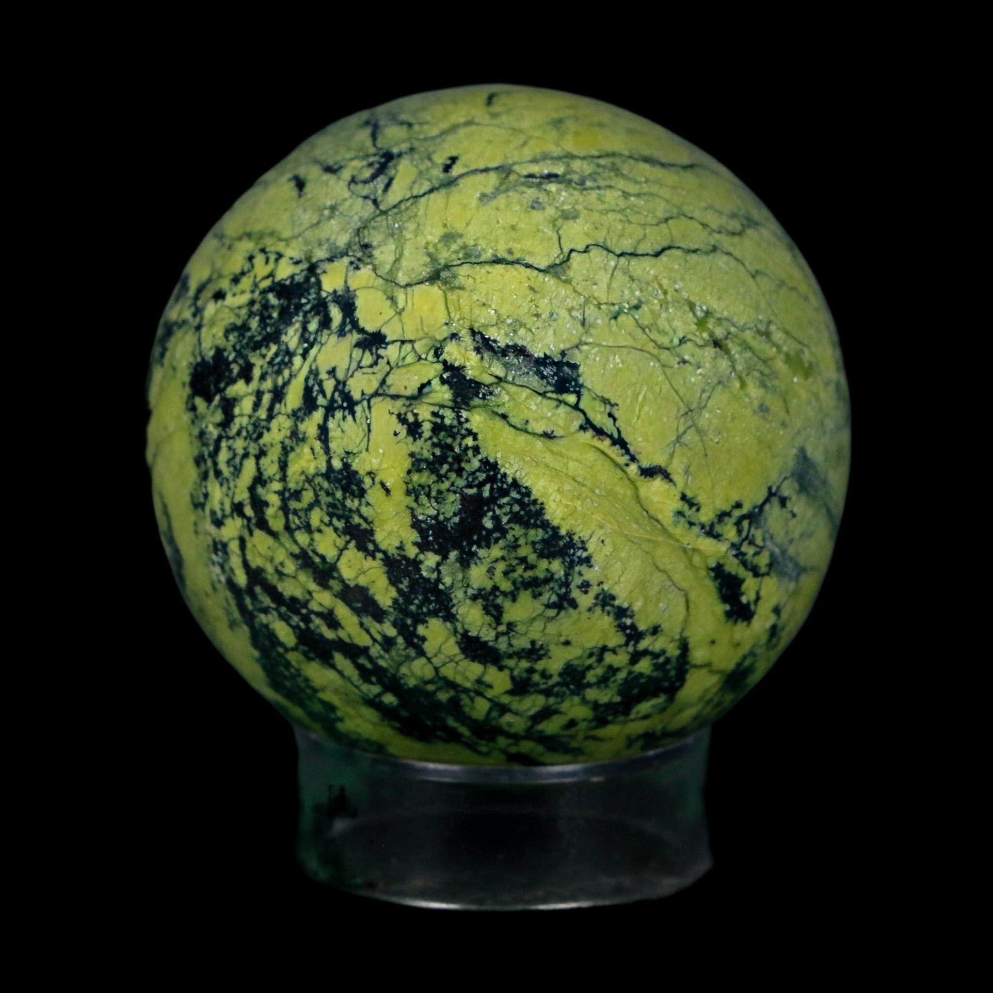XL 52MM Natural Green & Yellow Serpentine Pyrite Sphere Ball Orb Peru Stand - Fossil Age Minerals