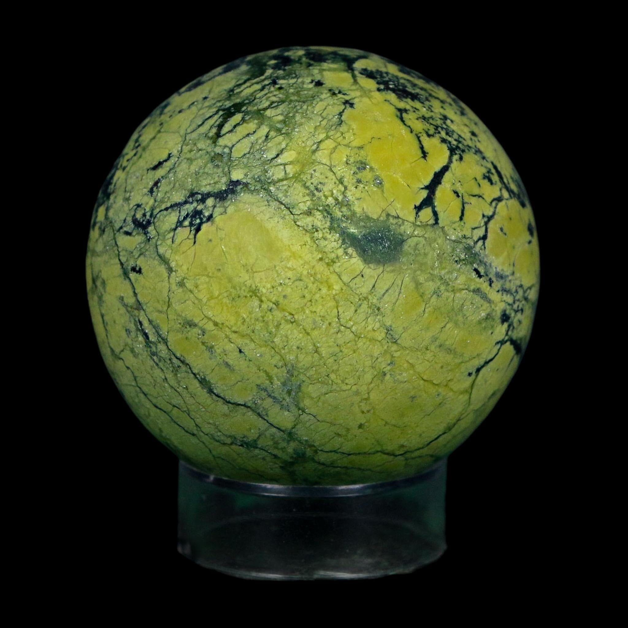 XL 52MM Natural Green & Yellow Serpentine Pyrite Sphere Ball Orb Peru Stand - Fossil Age Minerals