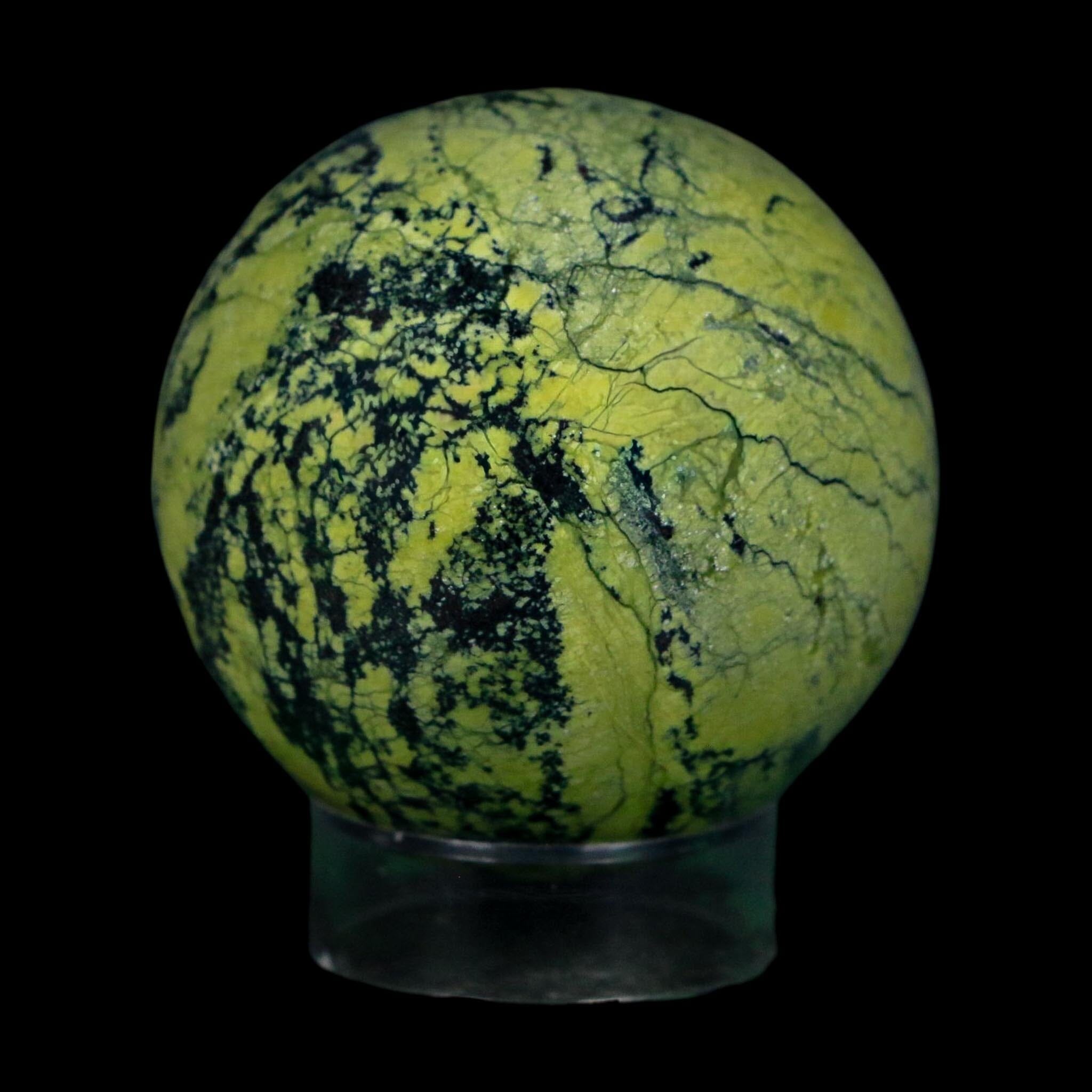 XL 52MM Natural Green & Yellow Serpentine Pyrite Sphere Ball Orb Peru Stand - Fossil Age Minerals