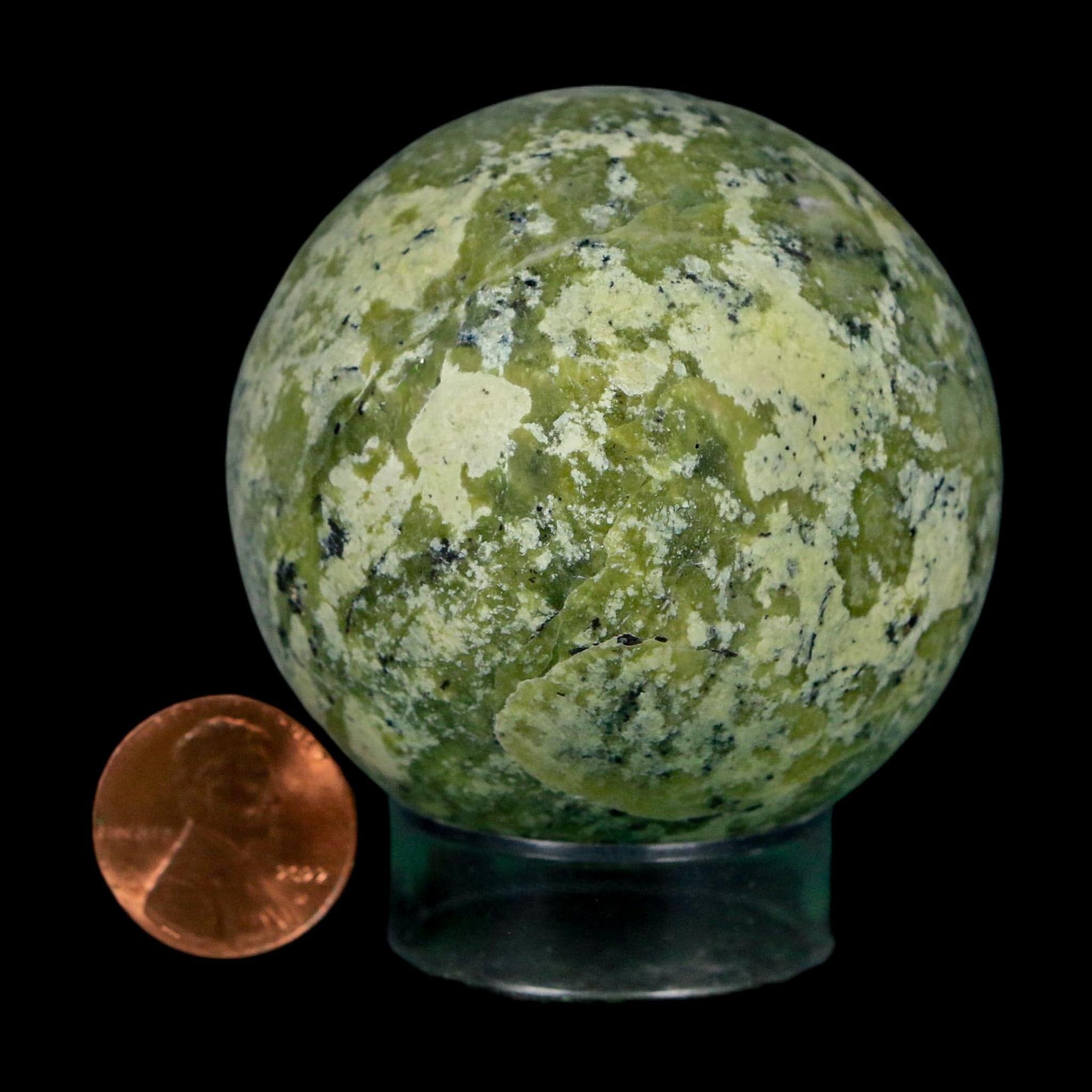 XL 54MM Natural Green & Yellow Serpentine Pyrite Sphere Ball Orb Peru Stand - Fossil Age Minerals