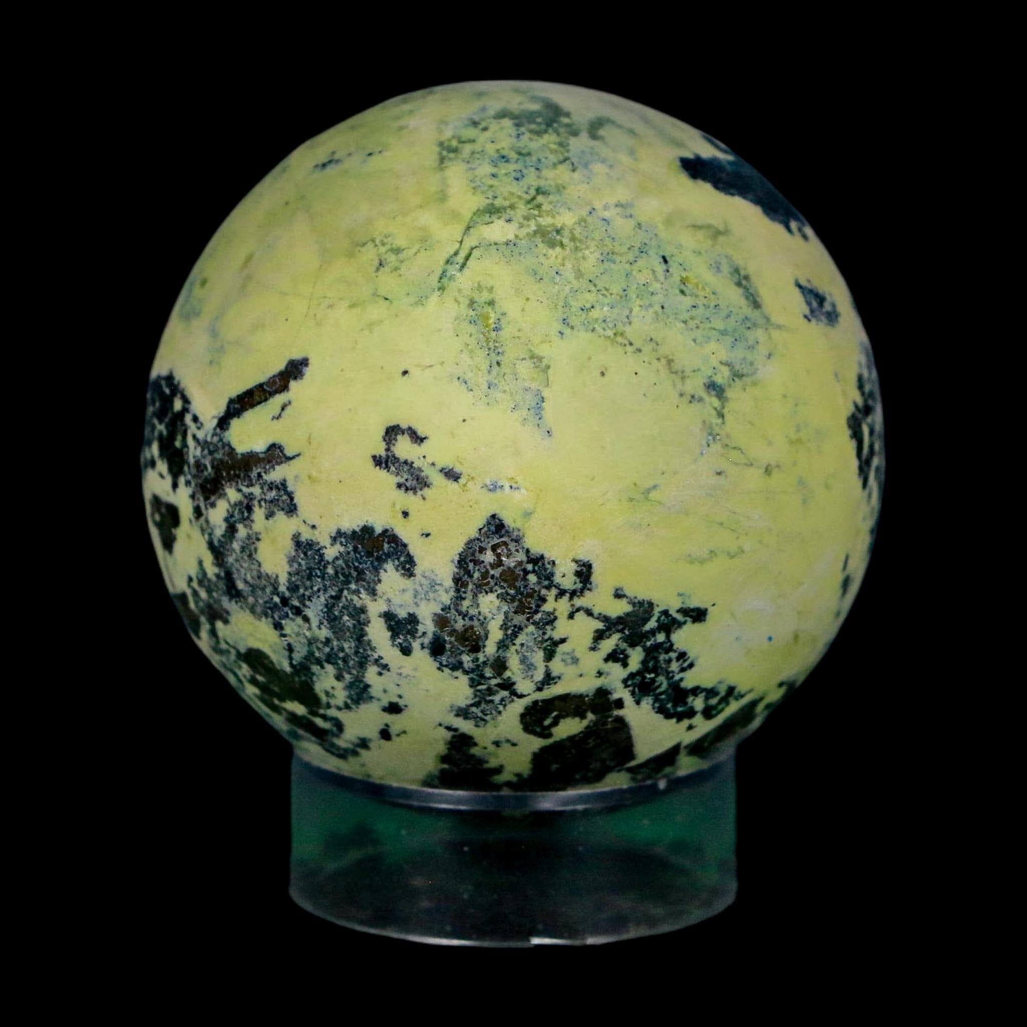 XL 51MM Natural Green & Yellow Serpentine Pyrite Sphere Ball Orb Peru Stand - Fossil Age Minerals