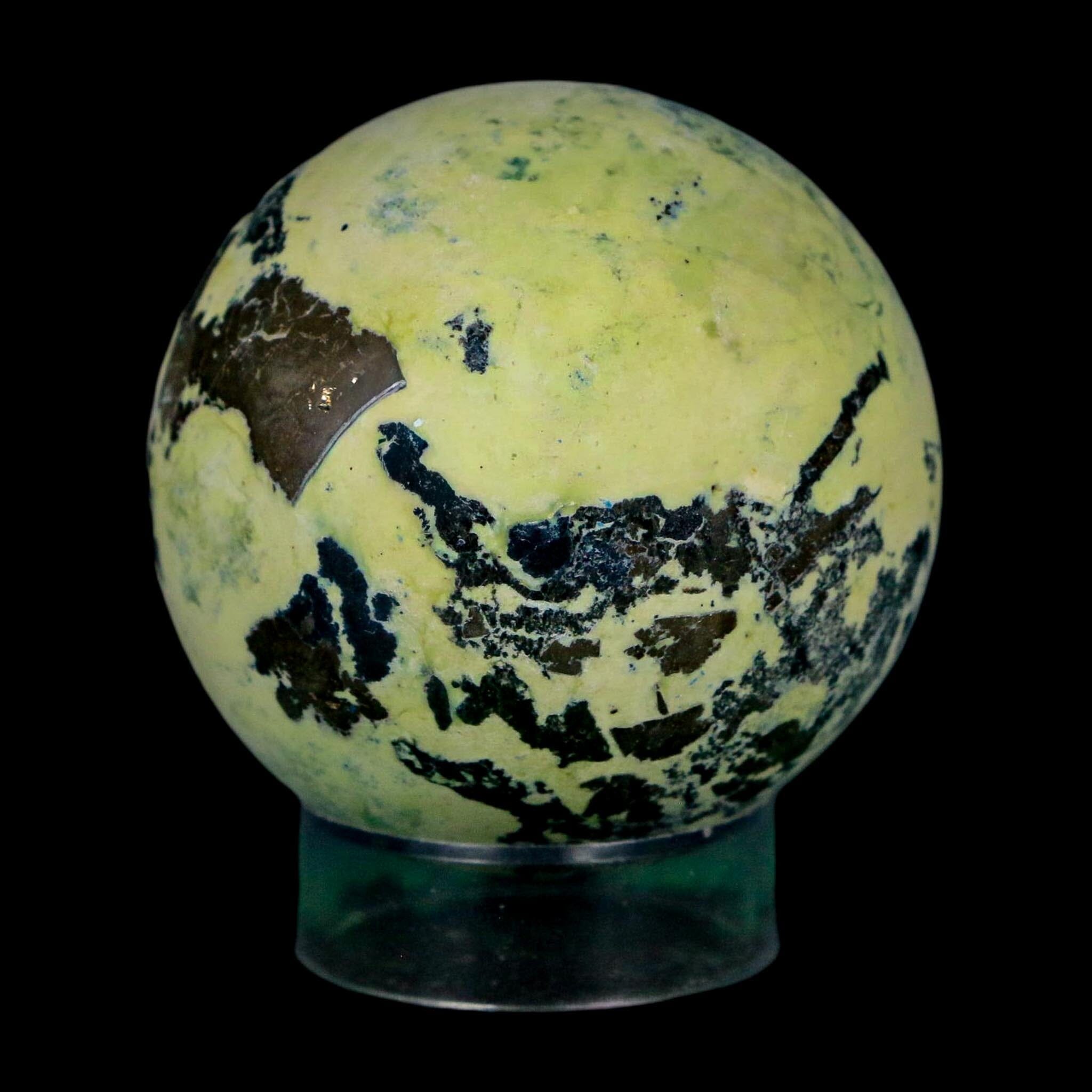 XL 51MM Natural Green & Yellow Serpentine Pyrite Sphere Ball Orb Peru Stand - Fossil Age Minerals