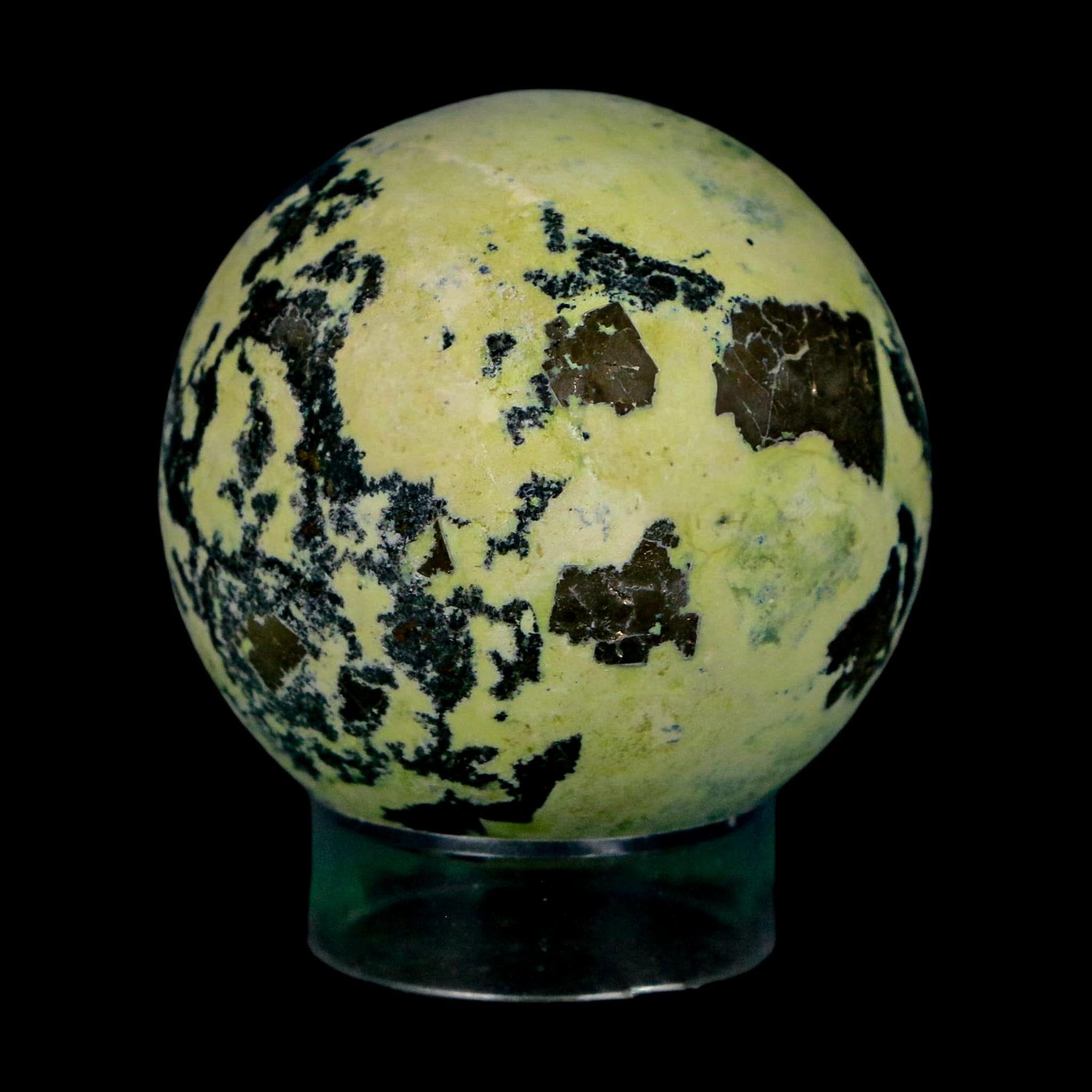 XL 51MM Natural Green & Yellow Serpentine Pyrite Sphere Ball Orb Peru Stand - Fossil Age Minerals