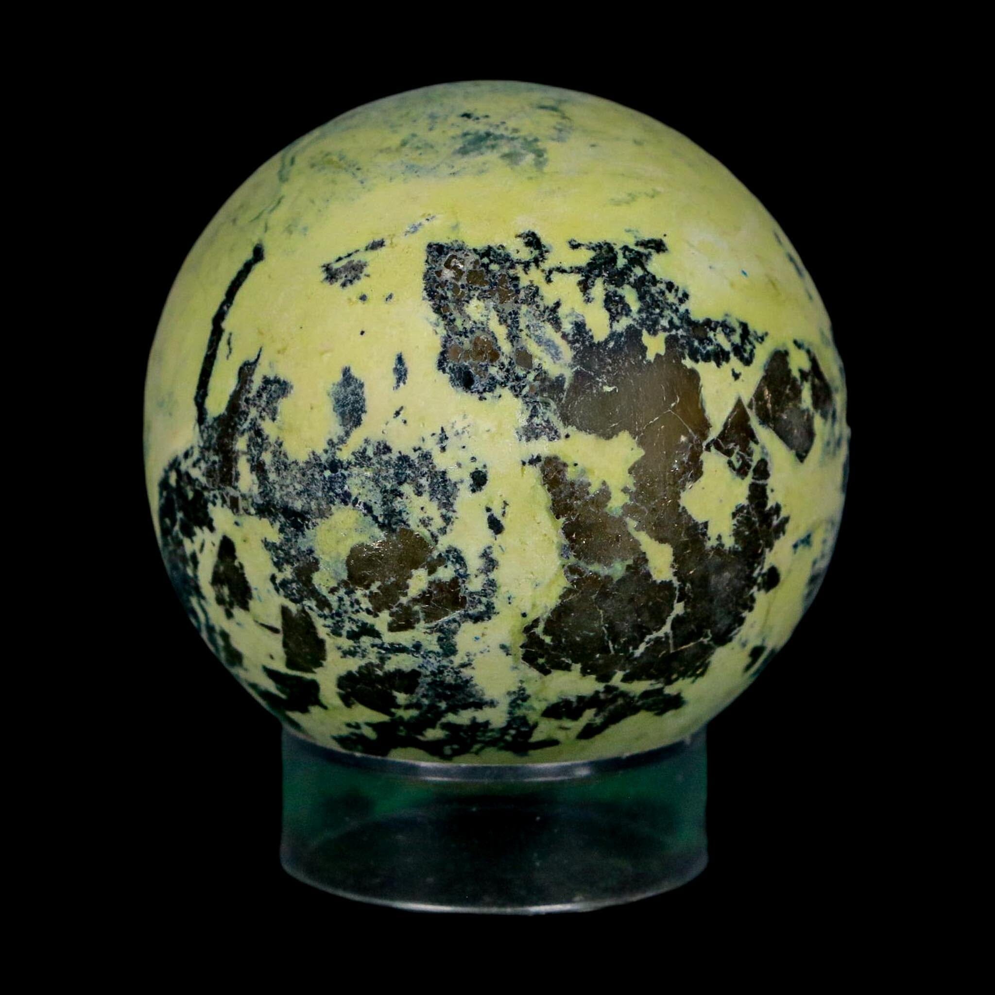 XL 51MM Natural Green & Yellow Serpentine Pyrite Sphere Ball Orb Peru Stand - Fossil Age Minerals
