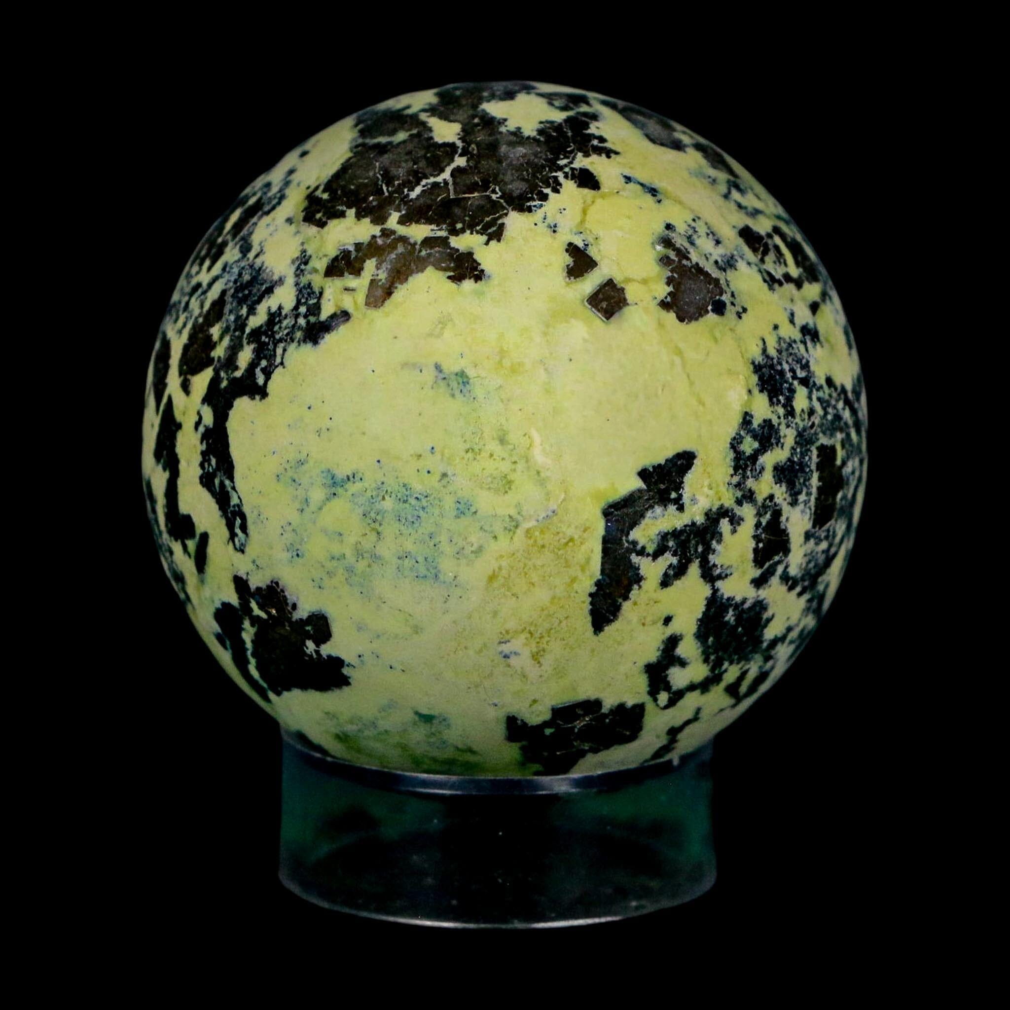 XL 51MM Natural Green & Yellow Serpentine Pyrite Sphere Ball Orb Peru Stand - Fossil Age Minerals