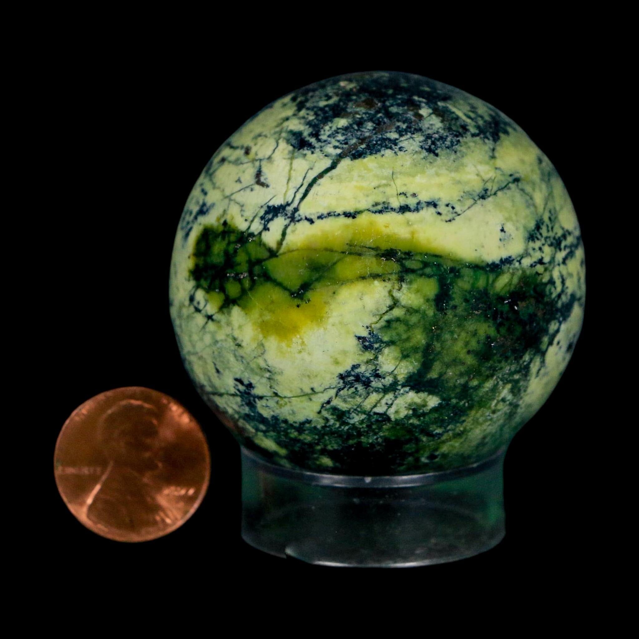 49MM Natural Green & Yellow Serpentine Pyrite Sphere Ball Orb Peru Stand - Fossil Age Minerals