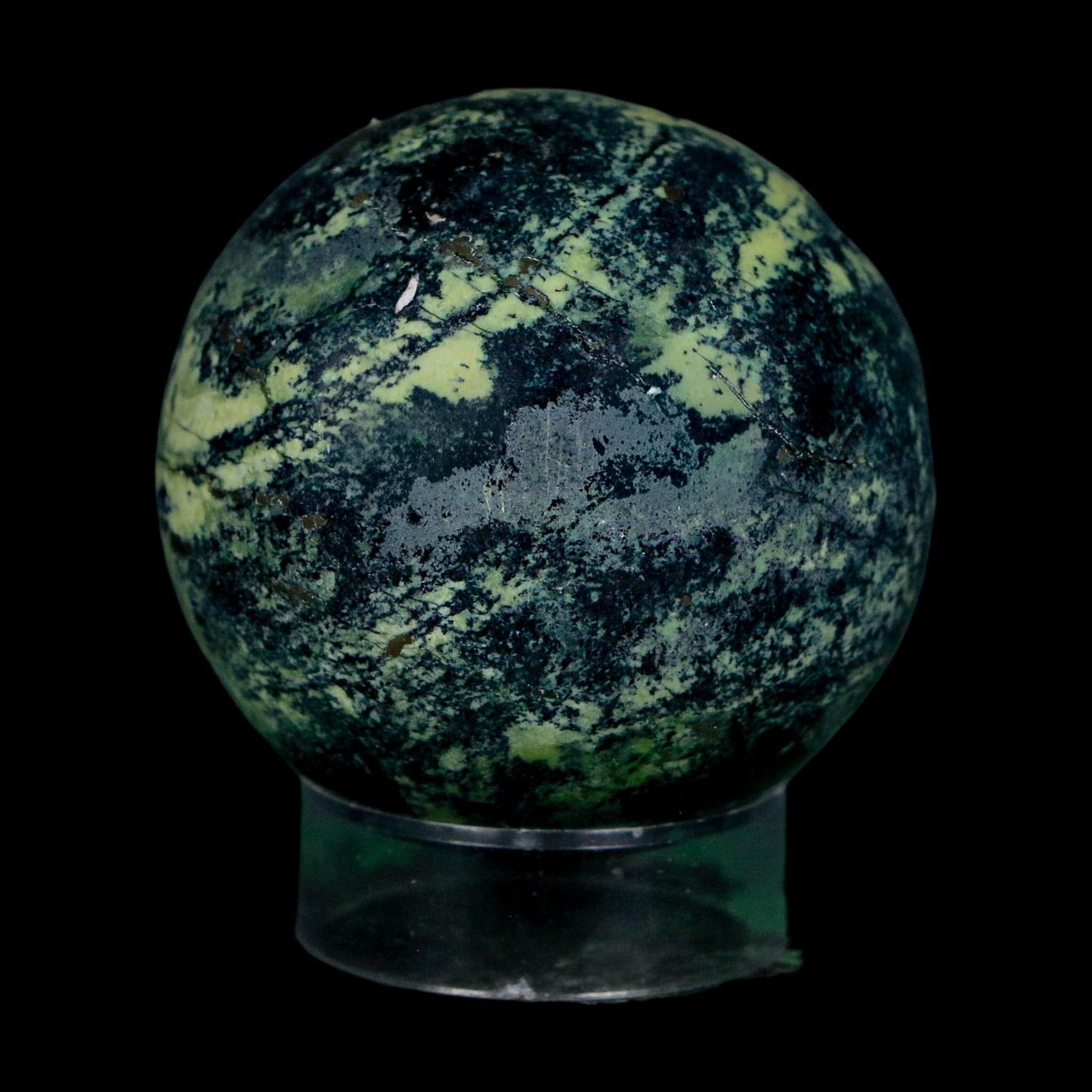 49MM Natural Green & Yellow Serpentine Pyrite Sphere Ball Orb Peru Stand - Fossil Age Minerals