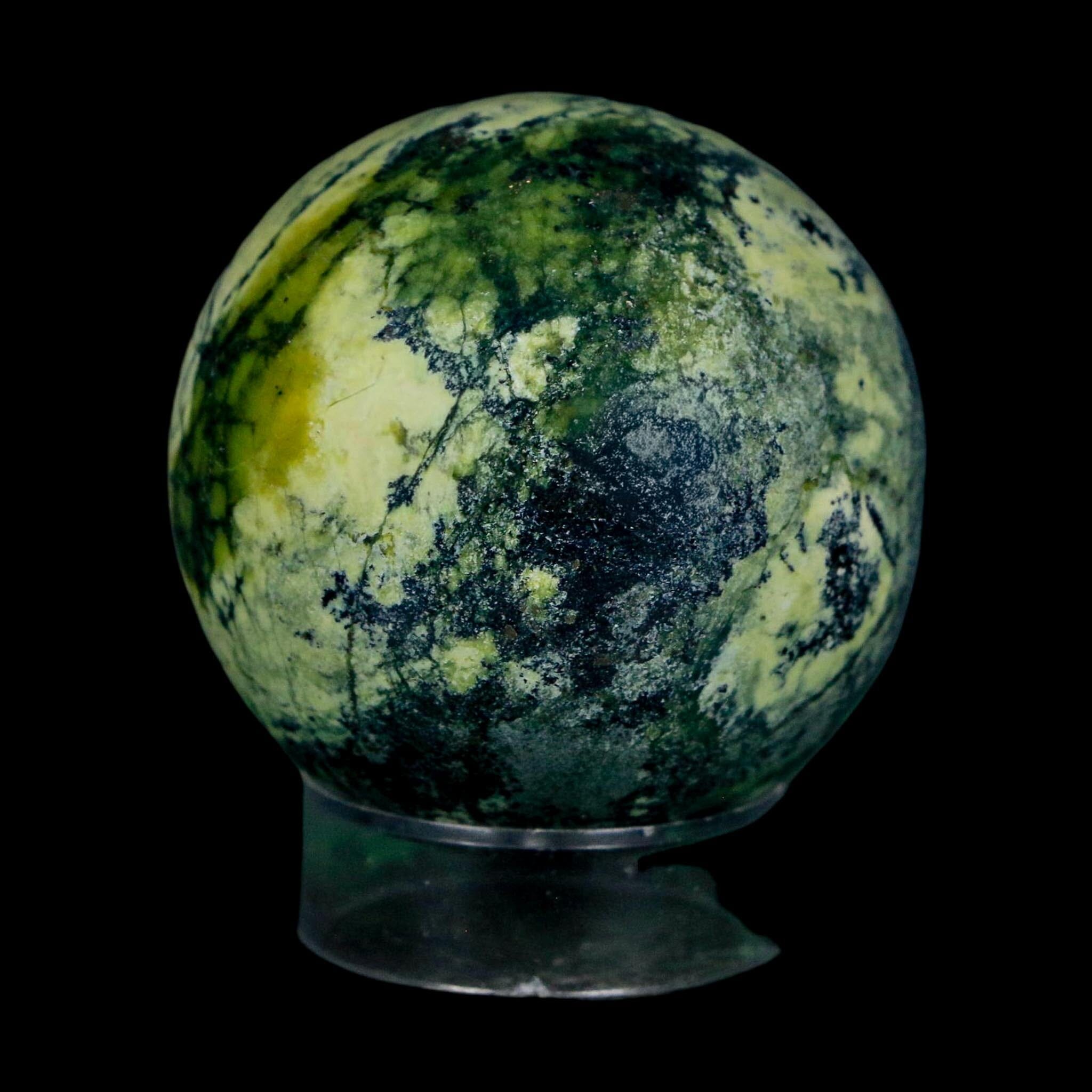 49MM Natural Green & Yellow Serpentine Pyrite Sphere Ball Orb Peru Stand - Fossil Age Minerals