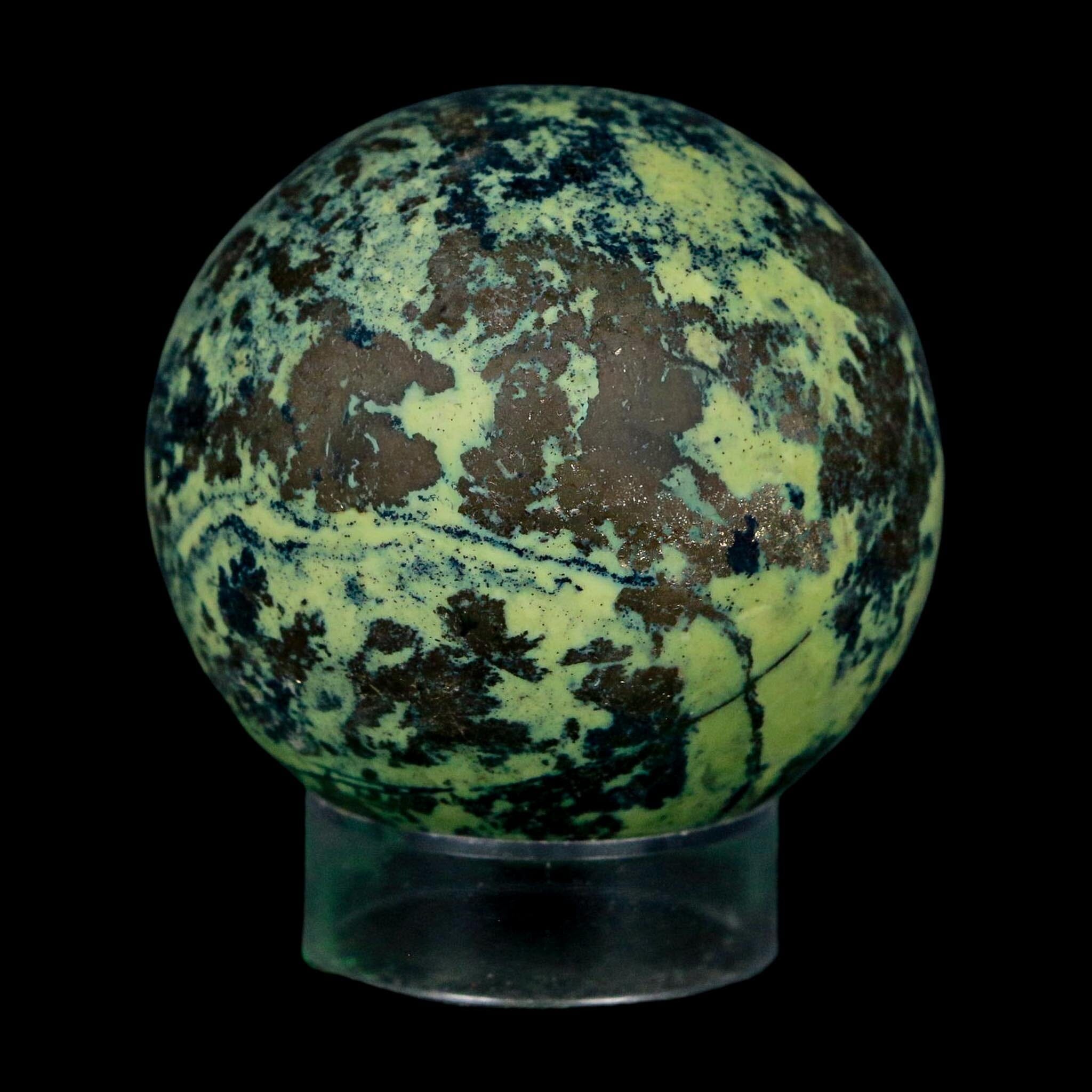 XL 52MM Natural Green & Yellow Serpentine Pyrite Sphere Ball Orb Peru Stand - Fossil Age Minerals