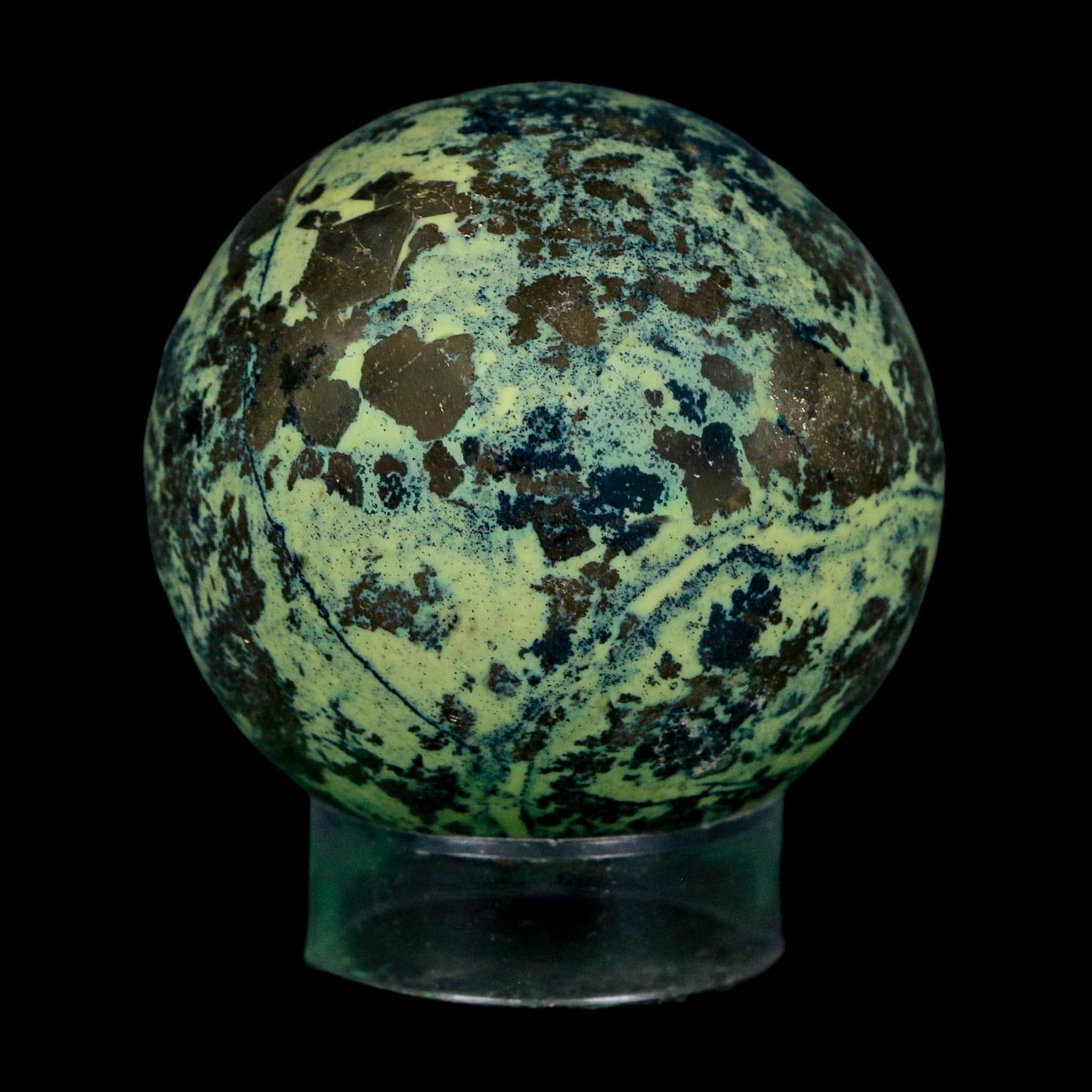 XL 52MM Natural Green & Yellow Serpentine Pyrite Sphere Ball Orb Peru Stand - Fossil Age Minerals