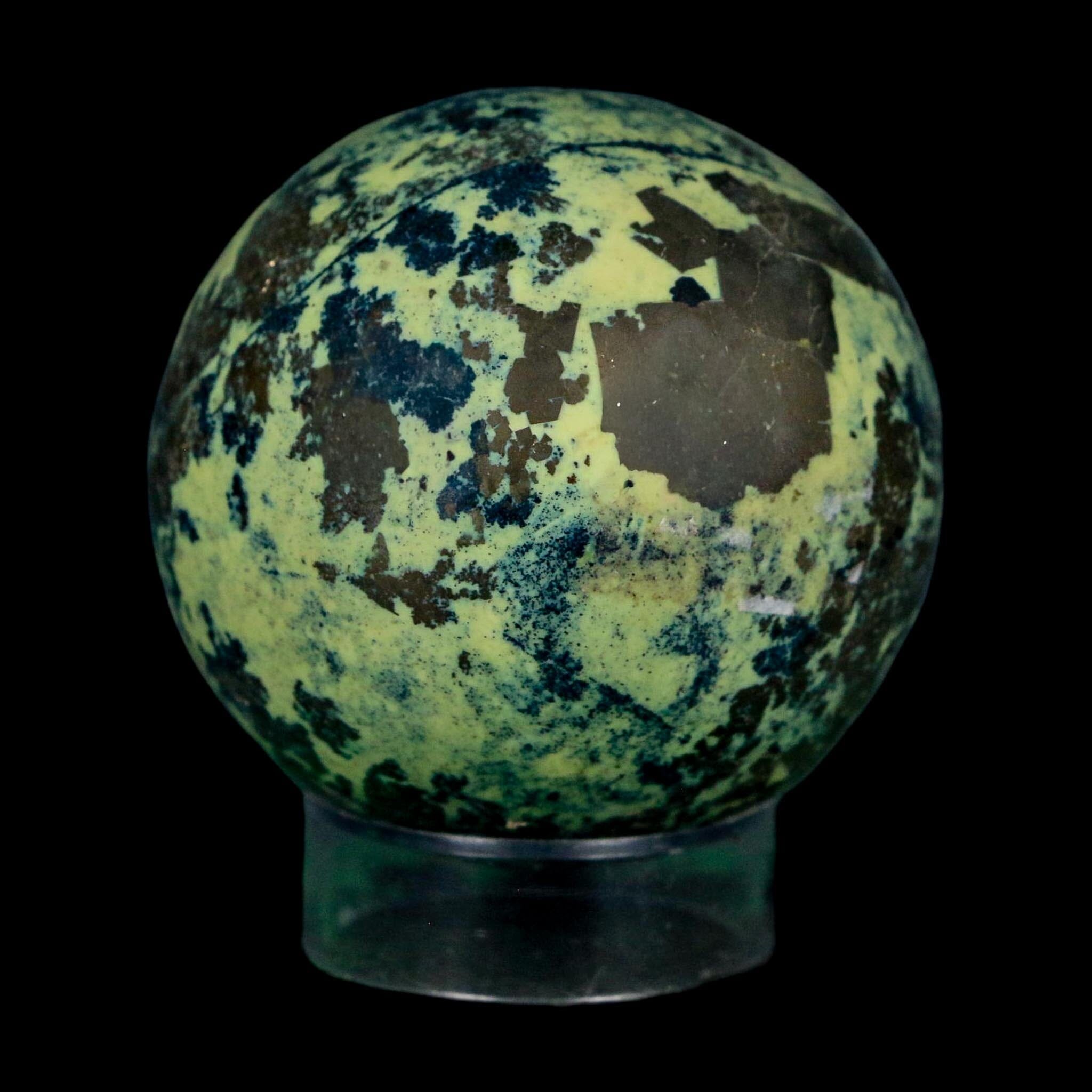 XL 52MM Natural Green & Yellow Serpentine Pyrite Sphere Ball Orb Peru Stand - Fossil Age Minerals