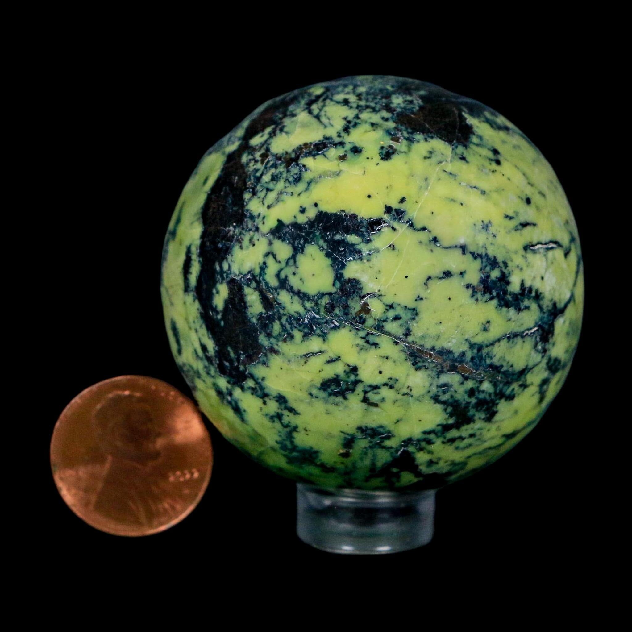 48MM Natural Green & Yellow Serpentine Pyrite Sphere Ball Orb Peru Stand - Fossil Age Minerals