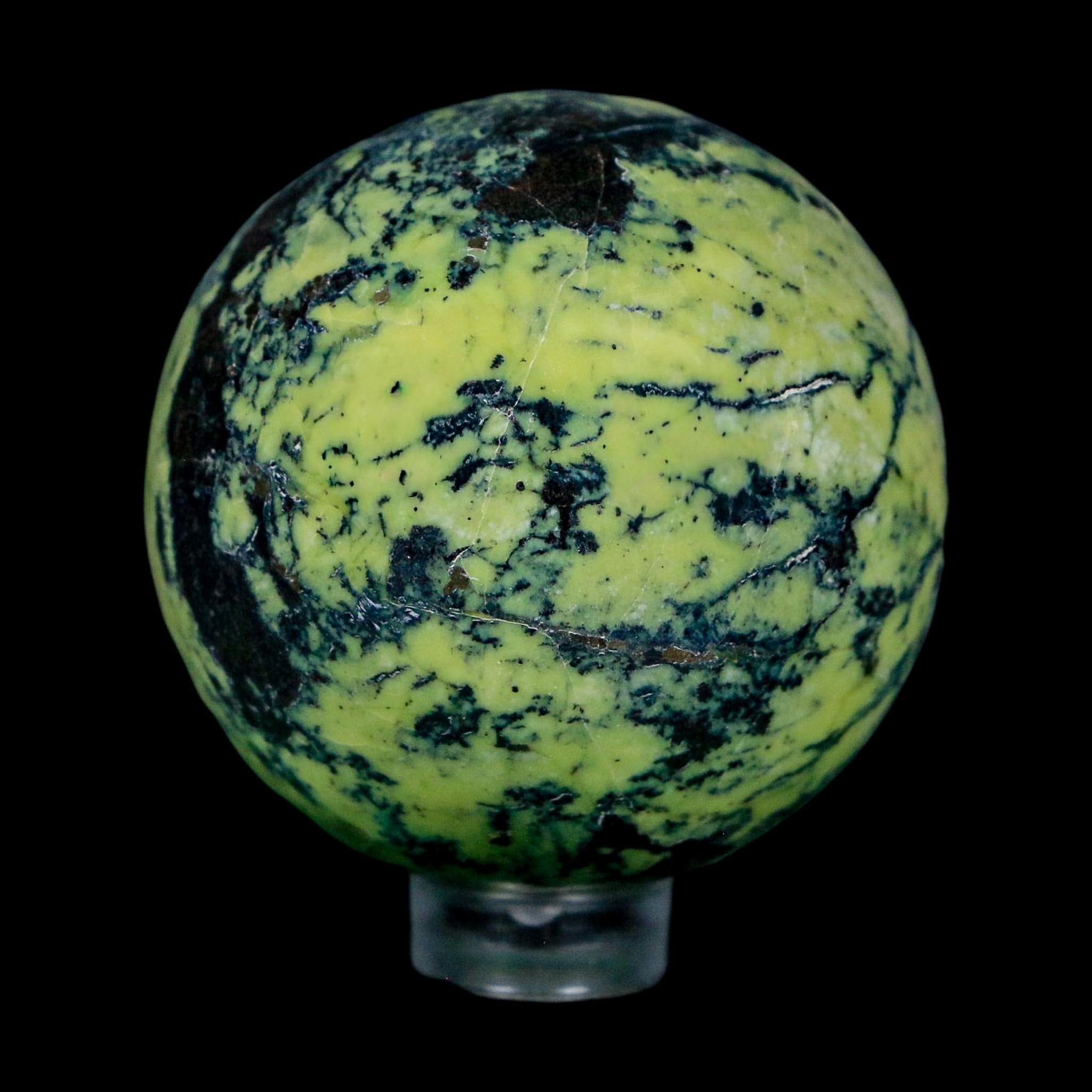 48MM Natural Green & Yellow Serpentine Pyrite Sphere Ball Orb Peru Stand - Fossil Age Minerals