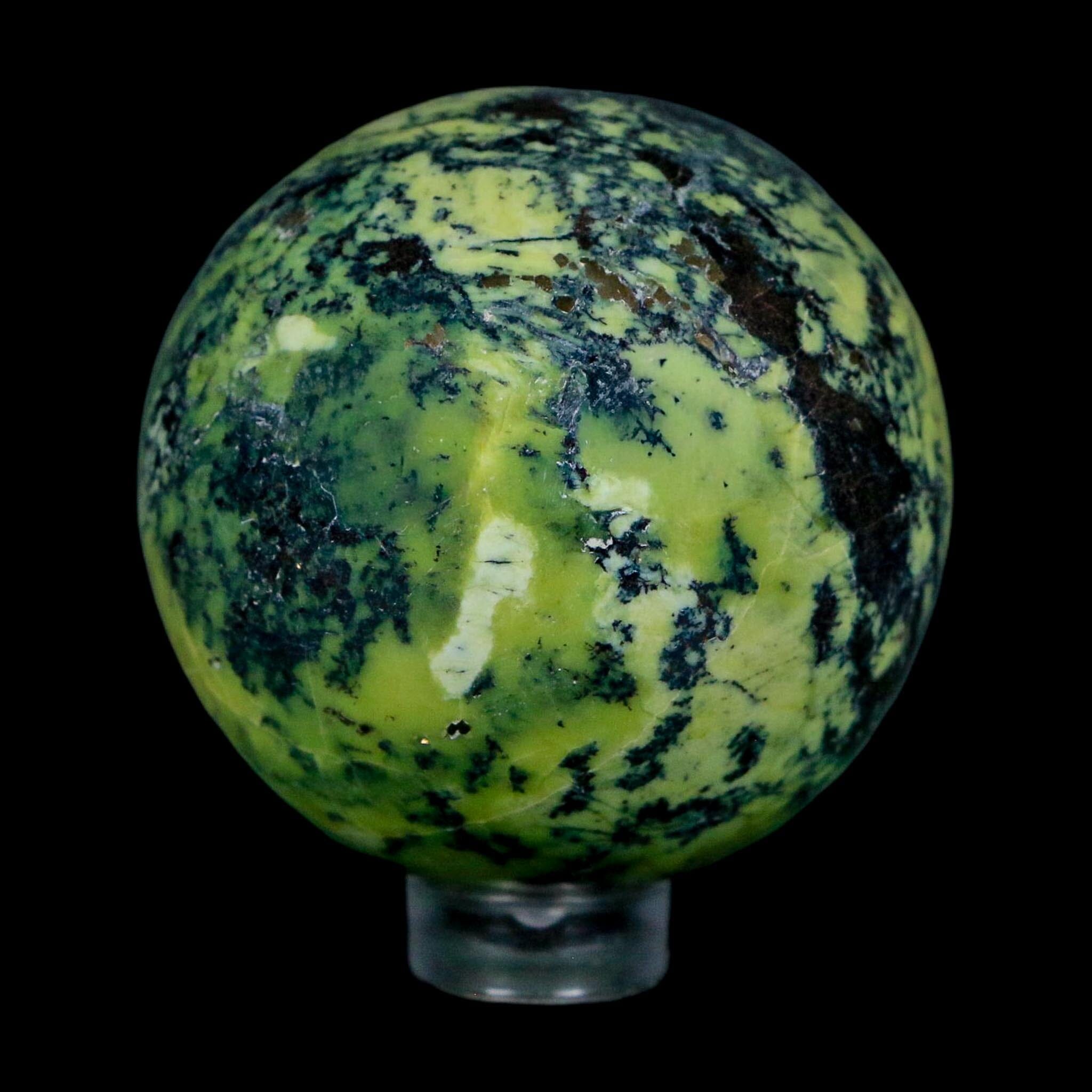 48MM Natural Green & Yellow Serpentine Pyrite Sphere Ball Orb Peru Stand - Fossil Age Minerals