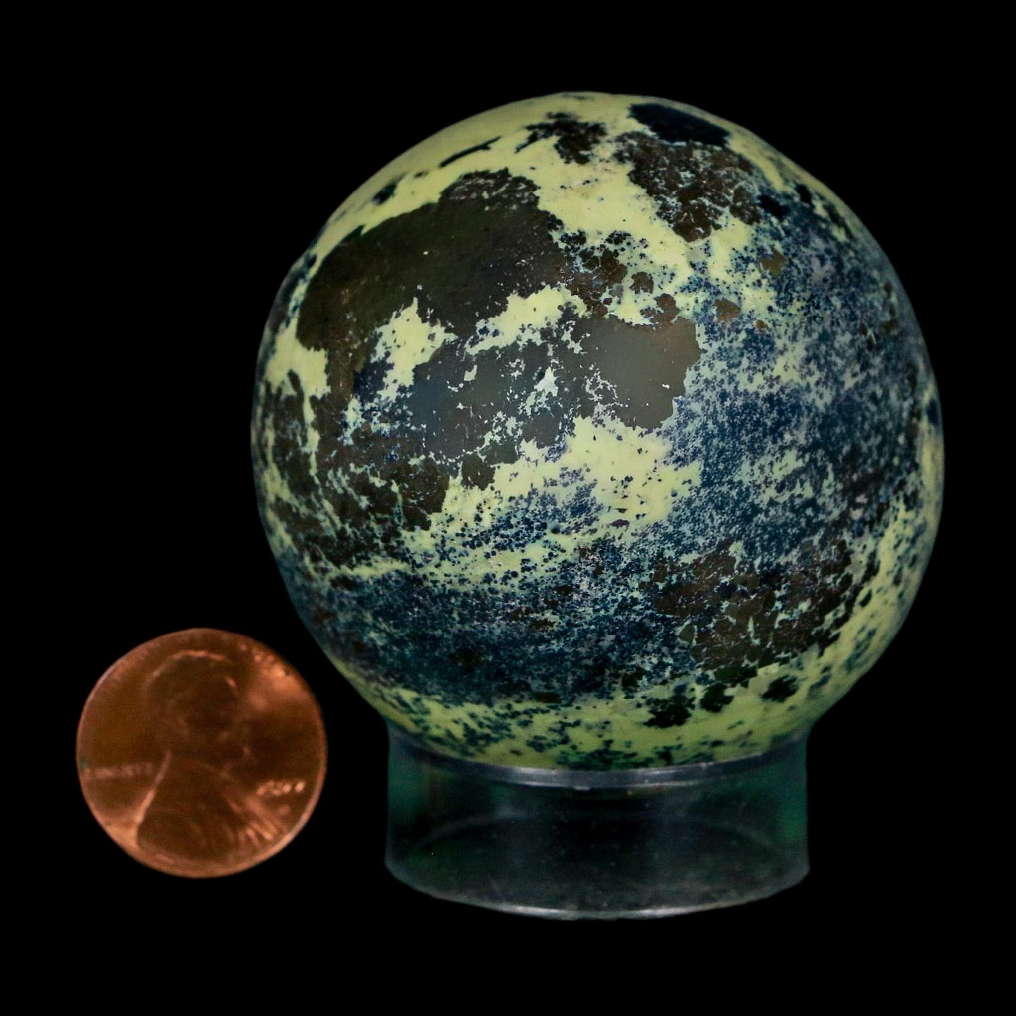 XL 51MM Natural Green & Yellow Serpentine Pyrite Sphere Ball Orb Peru Stand - Fossil Age Minerals
