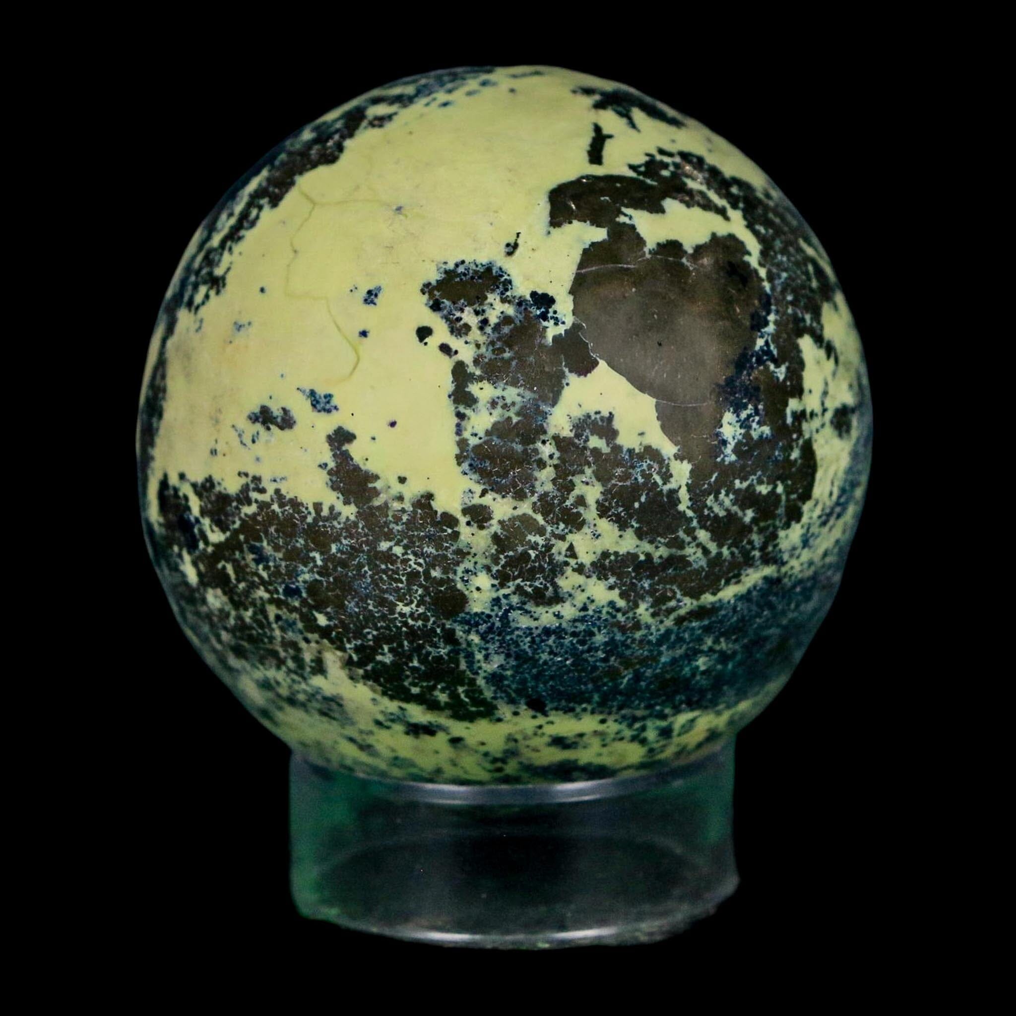 XL 51MM Natural Green & Yellow Serpentine Pyrite Sphere Ball Orb Peru Stand - Fossil Age Minerals
