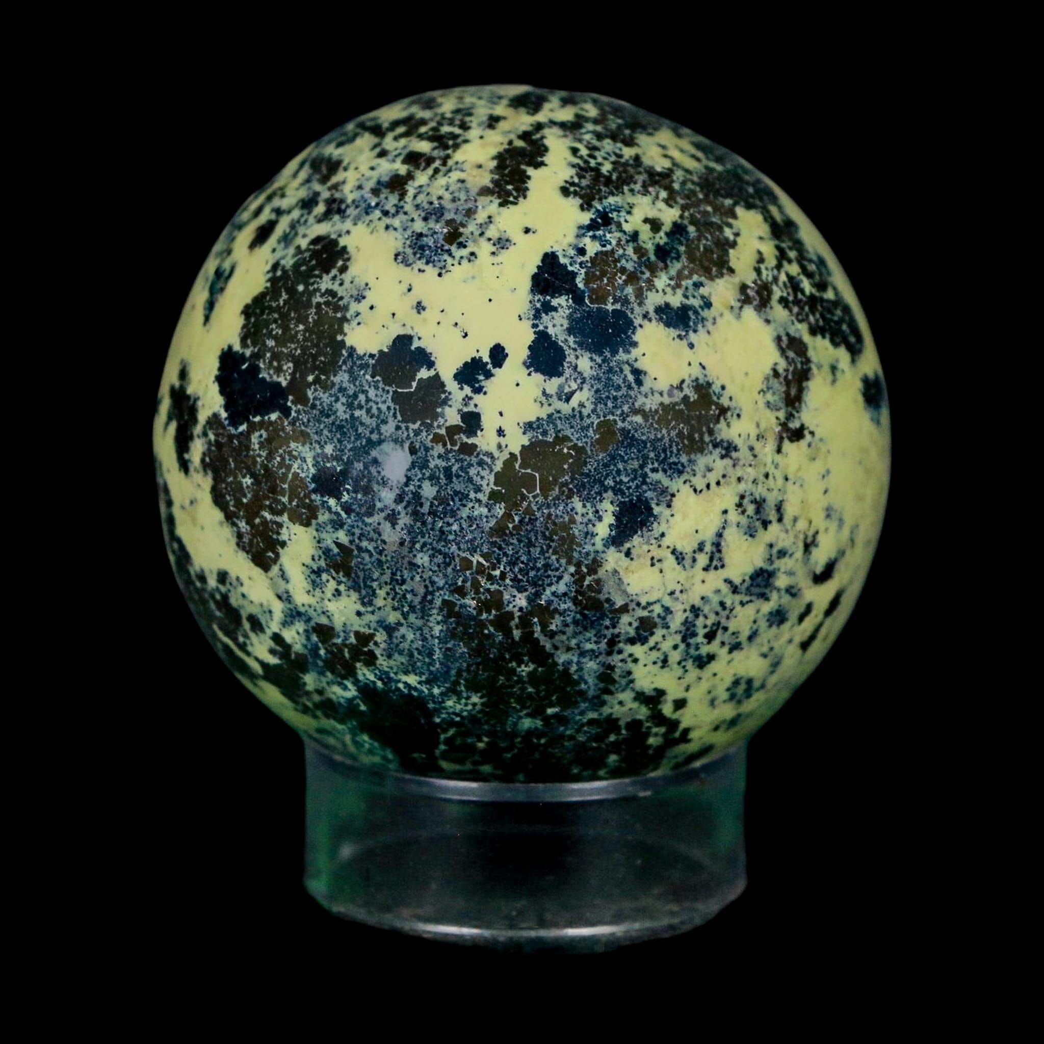 XL 51MM Natural Green & Yellow Serpentine Pyrite Sphere Ball Orb Peru Stand - Fossil Age Minerals