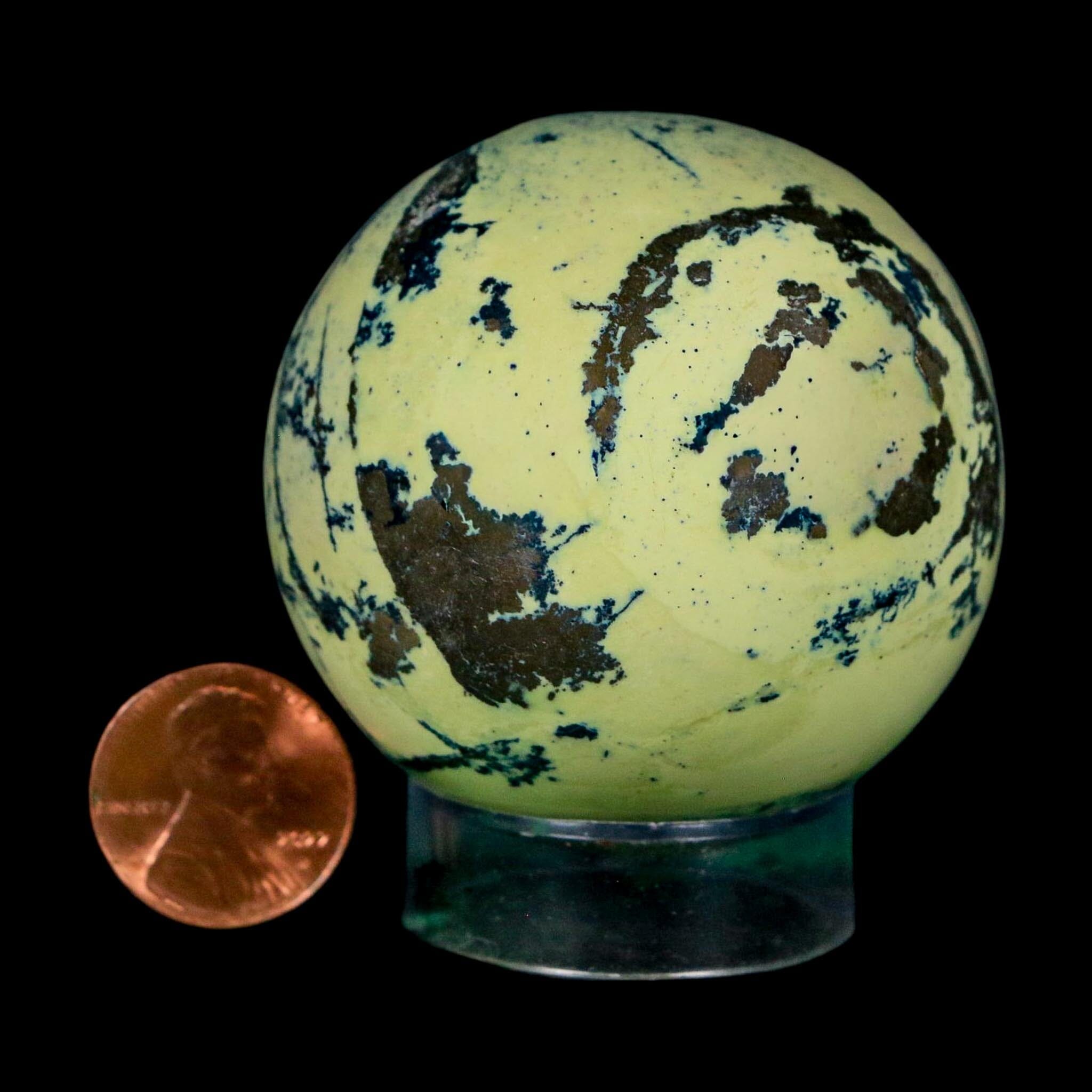 XL 51MM Natural Green & Yellow Serpentine Pyrite Sphere Ball Orb Peru Stand - Fossil Age Minerals