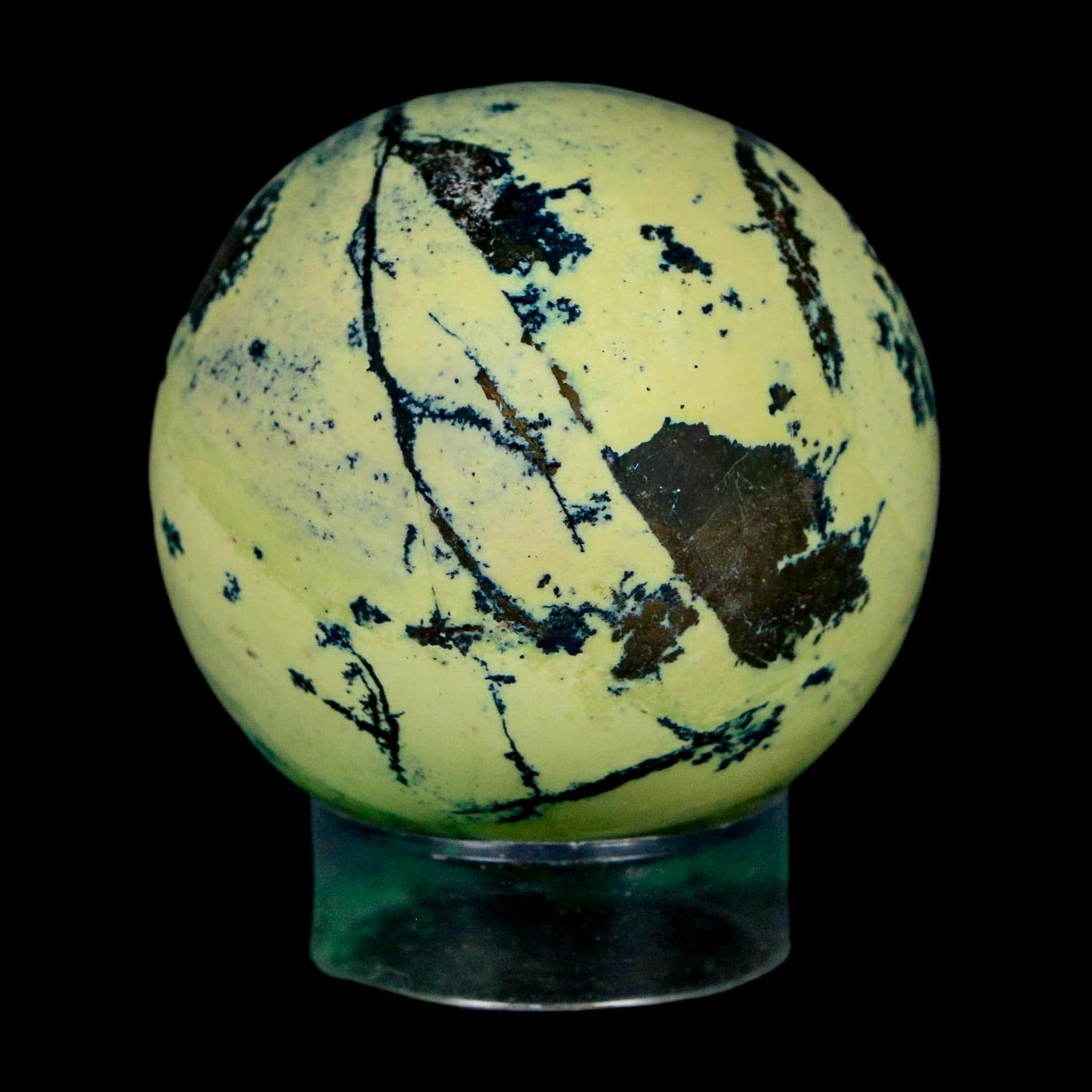 XL 51MM Natural Green & Yellow Serpentine Pyrite Sphere Ball Orb Peru Stand - Fossil Age Minerals