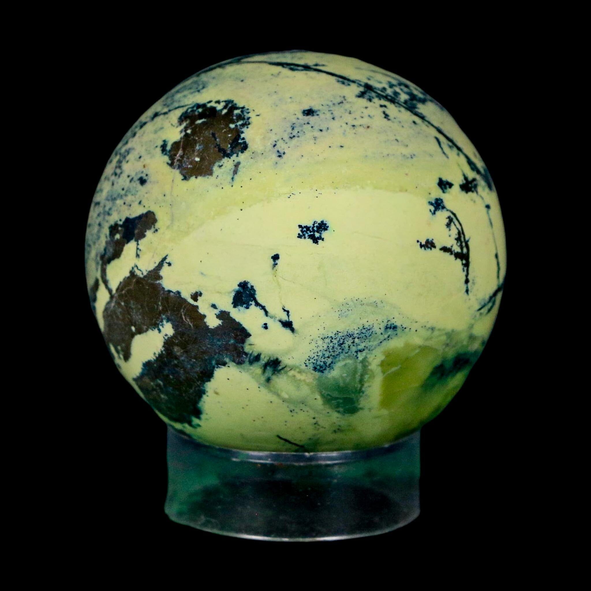 XL 51MM Natural Green & Yellow Serpentine Pyrite Sphere Ball Orb Peru Stand - Fossil Age Minerals