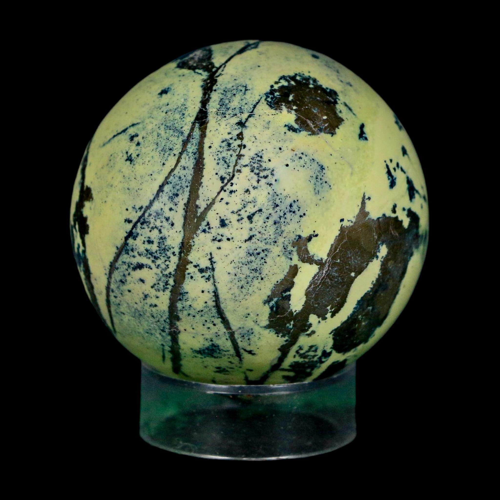 XL 51MM Natural Green & Yellow Serpentine Pyrite Sphere Ball Orb Peru Stand - Fossil Age Minerals