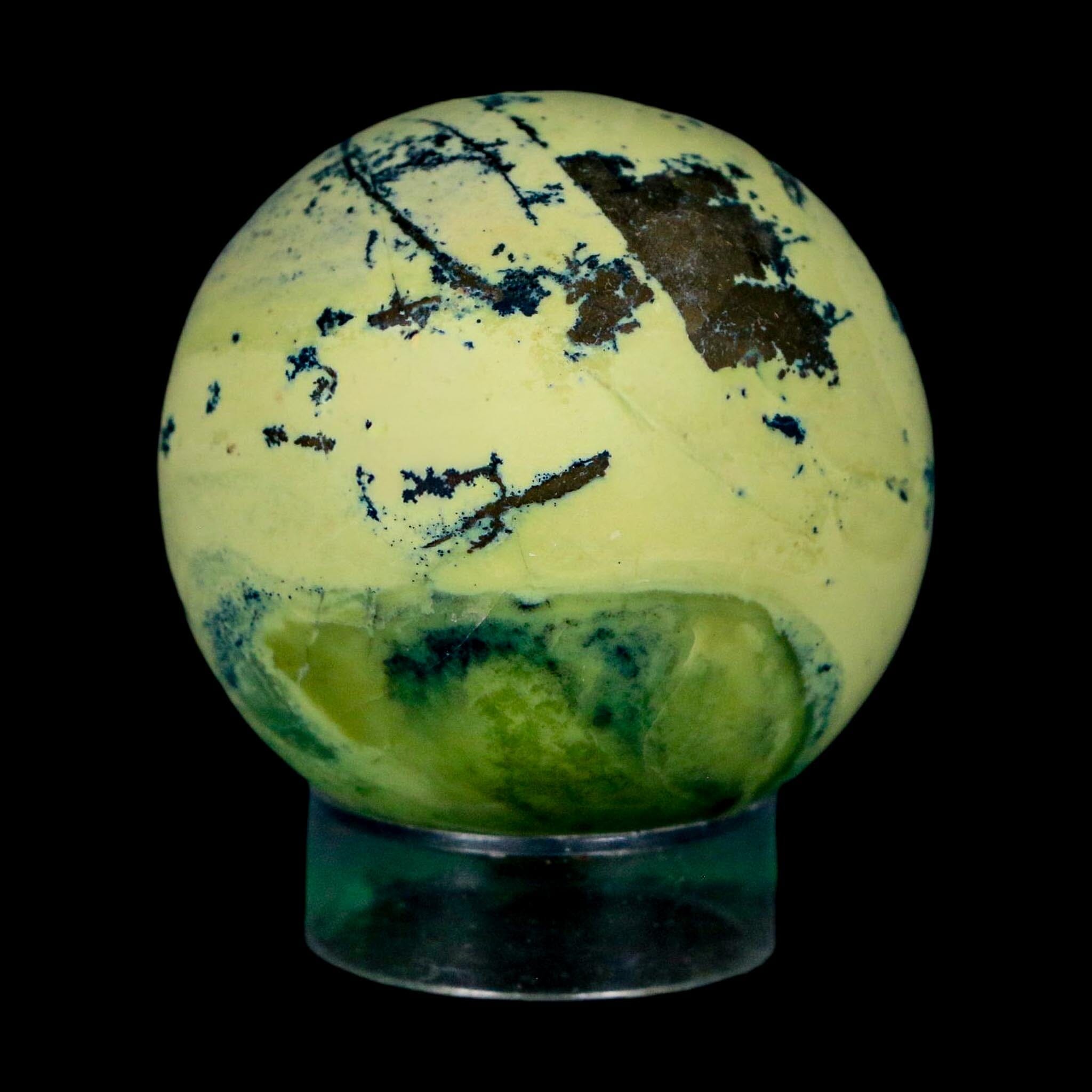 XL 51MM Natural Green & Yellow Serpentine Pyrite Sphere Ball Orb Peru Stand - Fossil Age Minerals